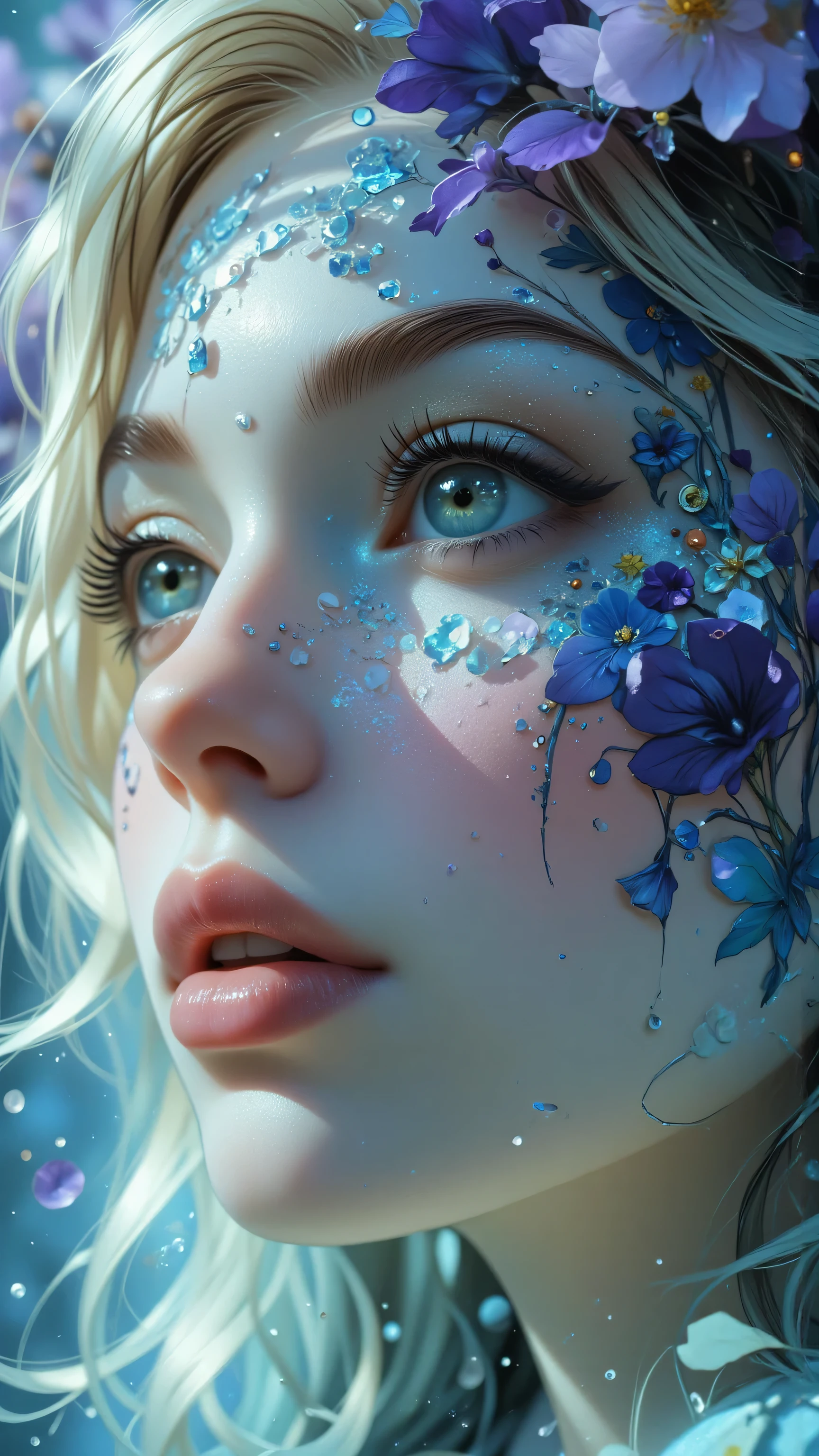 8k, Masterpiece, Top Quality, Close-up portrait, ethereal beauty, platinum blonde hair, floral face paint, blue and purple flowers, dreamy atmosphere, soft lighting, delicate features, fantasy makeup, intricate details, pale skin, wistful expression, artistic, surreal, fashion photography, high-resolution image