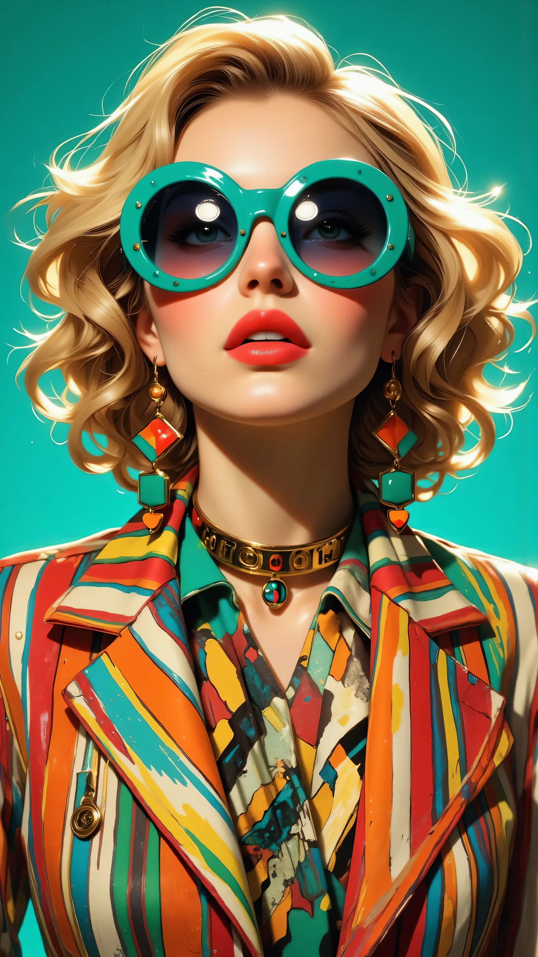 8k, Masterpiece, Top Quality, Vibrant pop art portrait, blonde tousled hair, oversized round teal sunglasses, bright red lips, colorful geometric earrings, gold statement necklace, striped multicolor jacket, turquoise background, high fashion, retro 80s style, bold makeup, studio lighting, high contrast, sharp details, fashion photography