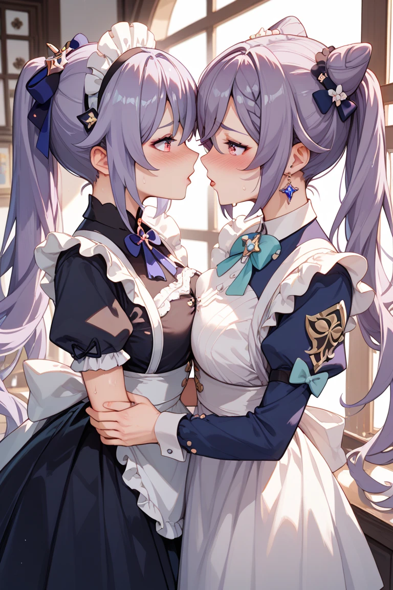 (Felicia + Flora Maid outfit) 2girls together, standing next to each other, holding hands and hugging each other, french kiss, kiss, add details, very detailed, wearing metal collar, bracers, shackles