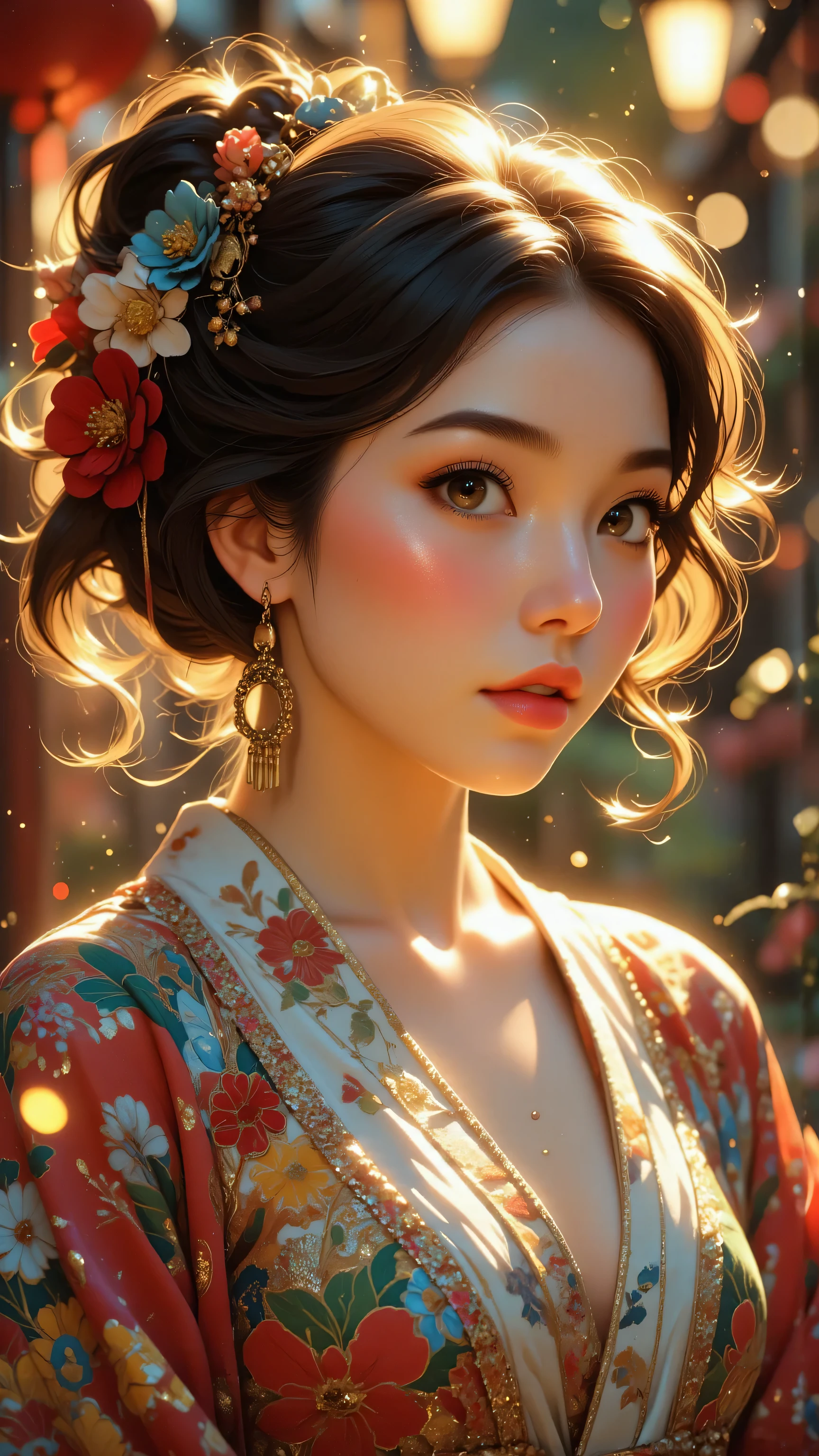 8k, Masterpiece, Top Quality, Young Asian woman, floral hair accessories, colorful embroidered kimono, vibrant patterns, soft natural lighting, bokeh background, portrait, delicate features, earrings, messy updo hairstyle, intricate details, fashion photography, dreamy atmosphere, high-resolution image