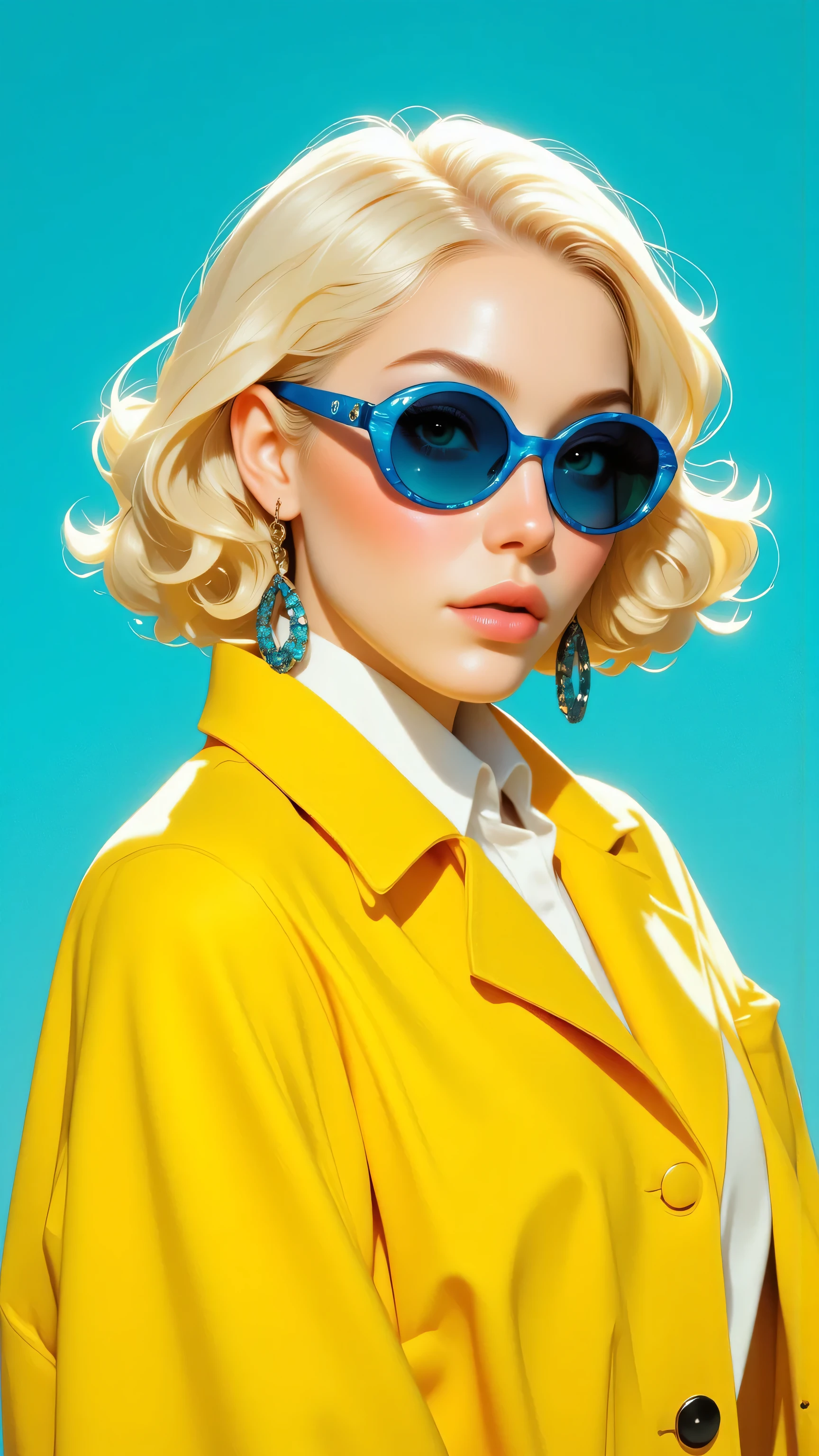 8k, masterpiece, highest quality, Surrealism, Platinum blonde hair, vivid yellow oversized jacket, blue circular sunglasses, hanging diamond earrings, blue background, bold color, high contrast, digital art, vector-like, sophisticated and modern, urban chic, fashion forward, detailed linework, smooth gradient, pop art influence, side profile, editorial style