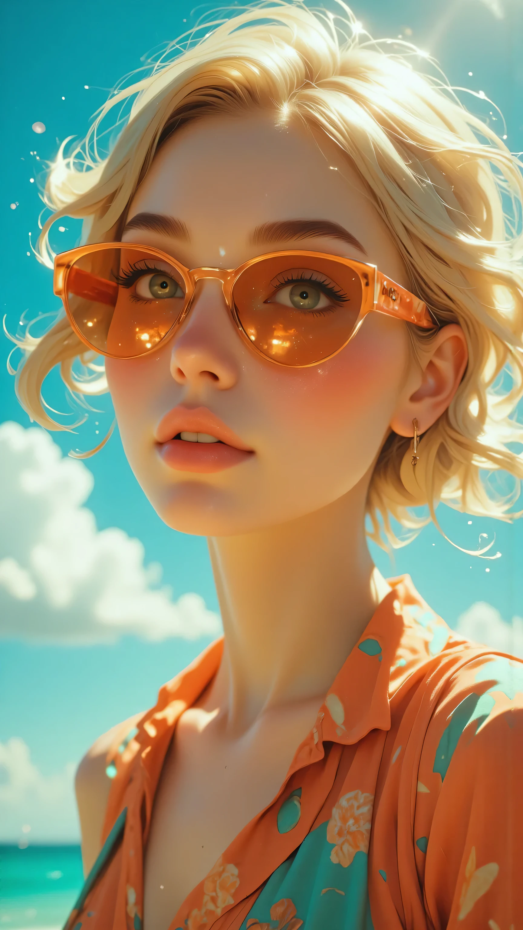 8k, Masterpiece, Top Quality, Ethereal blonde woman, orange-tinted sunglasses, messy updo, turquoise and coral outfit, soft lighting, dreamy summer atmosphere, clear blue sky, wispy clouds, fashion photography, vibrant colors, close-up portrait, flawless skin, youthful glow, high-end editorial style, shallow depth of field, 85mm lens, high resolution, hyper-realistic