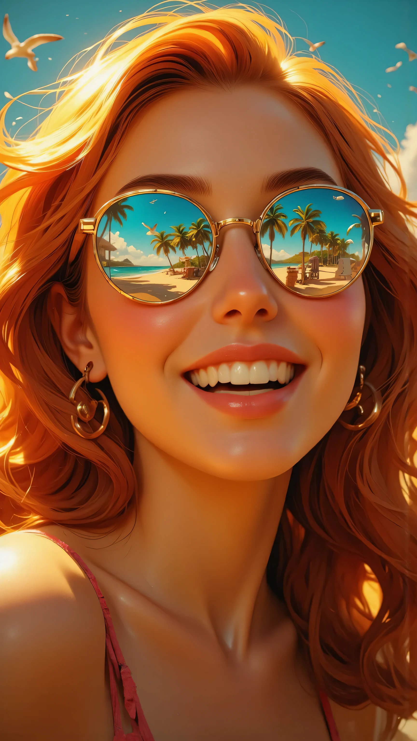 Masterpiece, Top Quality, Hyper-realistic digital art, vibrant orange hair blowing in the wind, reflective sunglasses showing tropical beach scene, palm trees, seagulls, bright white teeth in wide smile, close-up portrait, intense detail, warm lighting, cinematic, 8k resolution, summer vacation vibe, digital painting style

