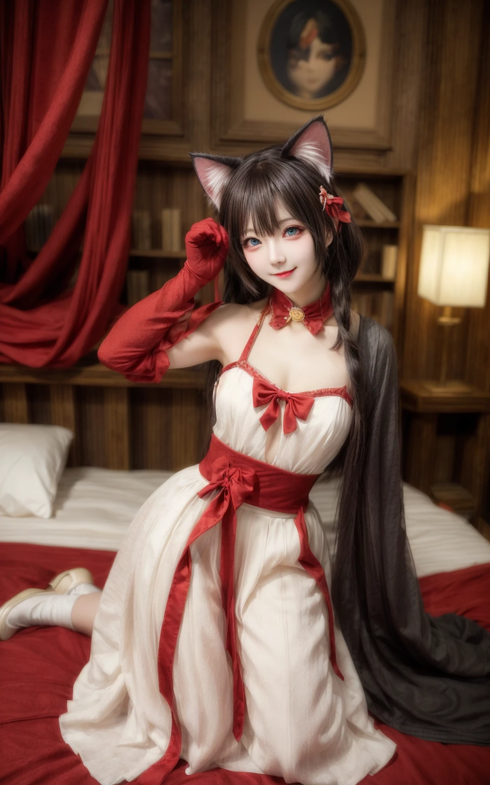 black hair, hair bobbles, longeyelashes, solid circle eyes, fake animal ears, light smile, fang, one-girl, Hanfu, blacksilk, High heels, Be red in the face, Lying in bed, Surrealism, drop shadow, anaglyph, stereogram, tachi-e, pov, atmospheric perspective, 8k, super detail, ccurate, best quality, textured skin, textured skin, highres --auto