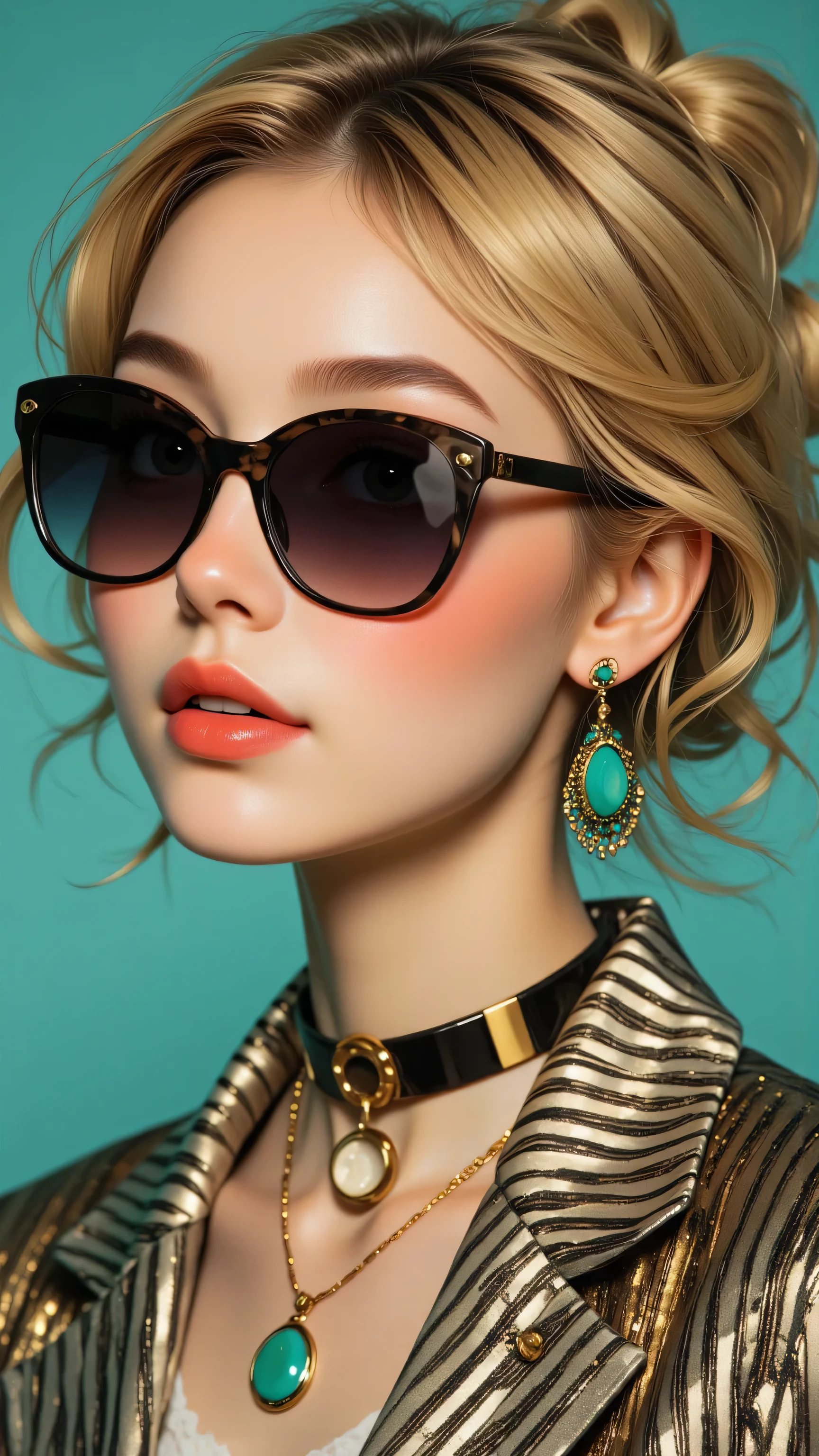 8k, masterpiece, highest quality, Korea's Beautiful Women, Close-up, blonde, buns, silk, bow, black-white, patterned, round, sunglasses, coral-pink, red, lipstick, necklaces, turquoise, gold, earrings, striped, jacket, teal, wall.