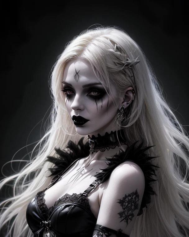 dark fantasy theme, mystical, zoomed, Dark theme, underworld theme, deviant art masterpiece, a pale girl on a dark throne, crimson eyes, grey hair, dark dress, dark tattoos, colour grading, dark illustration, extreme quality, extremely detailed