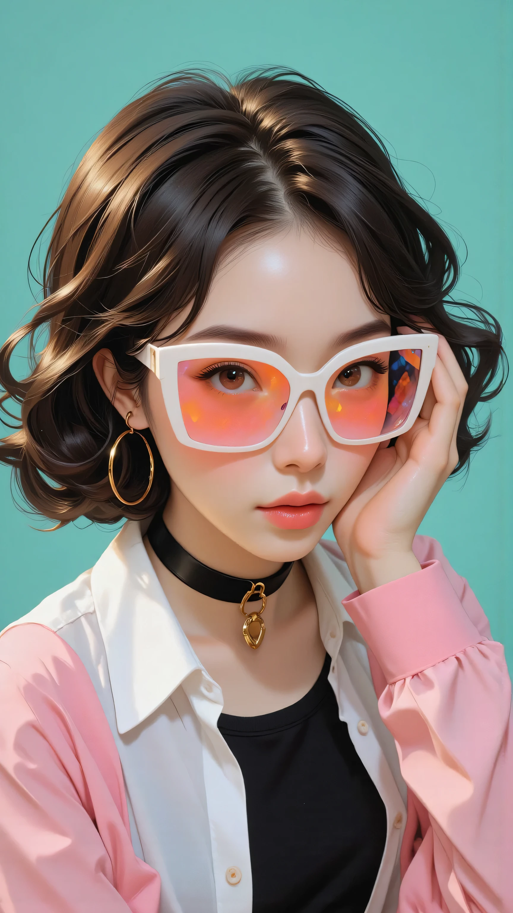 8k, masterpiece, highest quality, Korea's Beautiful Women, Close-up,  frontal,  hairstyle, large, round, puffs, buns,  symmetrical,  sunglasses, white, square, large, bubblegum, pink,  shirt, white, black, sleeve, choker, black,  earrings, gold, hoop, background, teal, aqua, solid.



