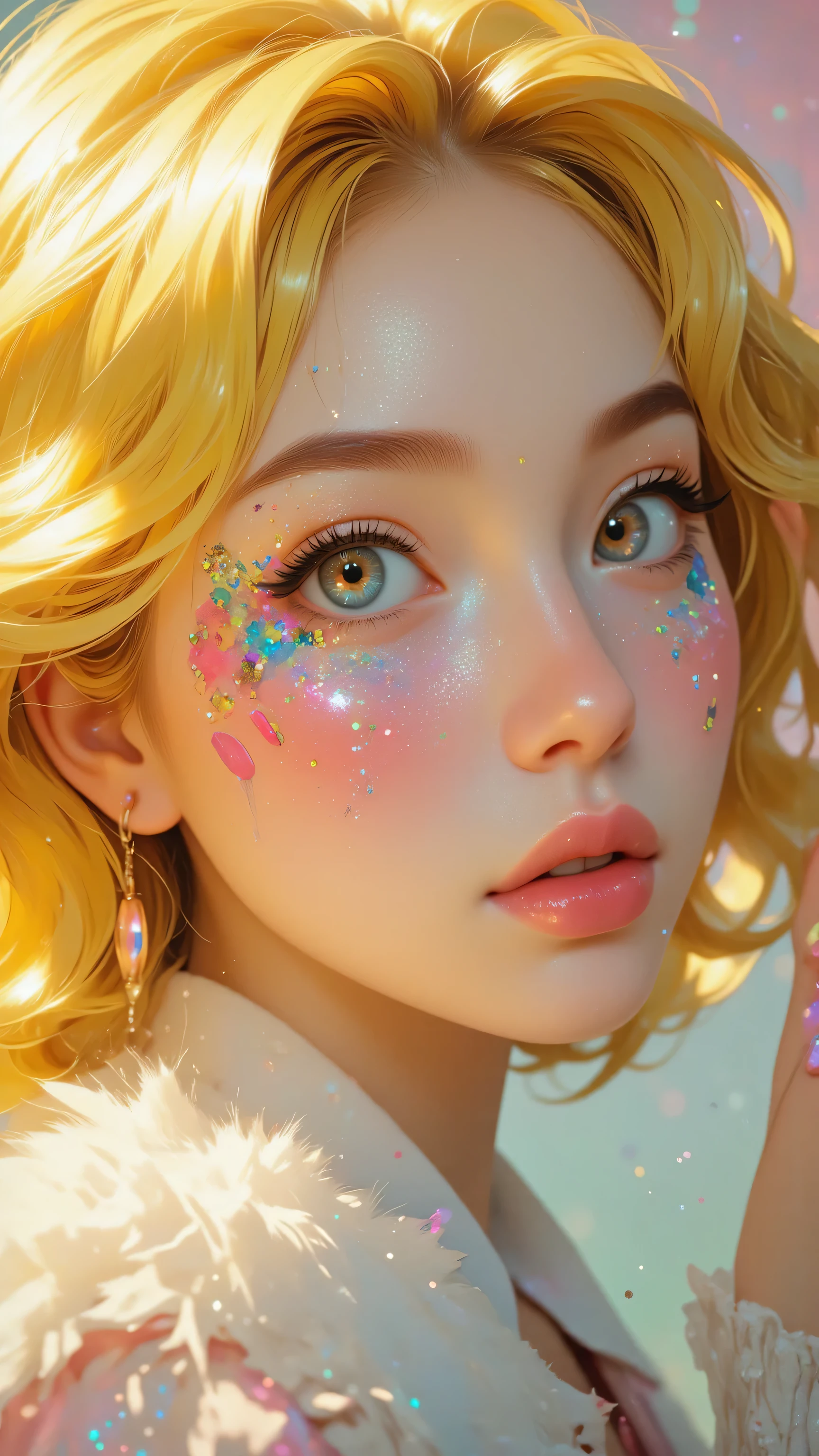 8k, masterpiece, highest quality, Korea's Beautiful Women, Vibrant yellow hair, anime-inspired makeup, colorful eyeshadow, face stickers, kawaii aesthetic, bright pink lips, glitter accents, big expressive eyes, soft lighting, high-resolution portrait, whimsical style, pastel colors, closeup shot, youthful appearance, dreamy atmosphere, fantasy-inspired look, detailed facial features, white fluffy collar, surreal beauty, digital art style