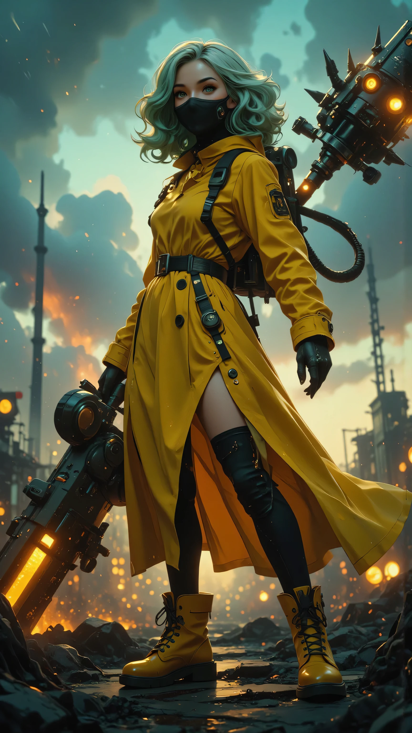8k, masterpiece, highest quality, woman, Futuristic warrior, yellow trench coat, black mask, white and teal hair, apocalyptic landscape, stormy sky, giant spiked mace weapon, glowing orange details, cyberpunk aesthetic, tactical gear, yellow boots, dramatic lighting, photorealistic rendering, high contrast, 8k resolution, cinematic composition
