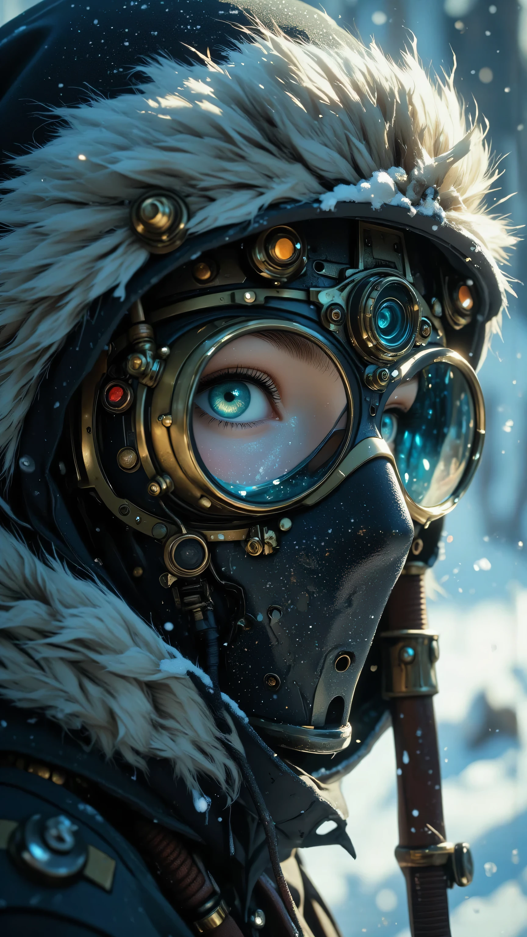 Masterpiece, Top Quality, winter explorer, fur-lined hood, steampunk goggles, piercing blue eyes, face mask, snowy landscape reflection, extreme cold, sci-fi atmosphere, detailed portrait, icy tones, dramatic lighting, futuristic arctic gear, mysterious gaze, high contrast, hyper-realistic, cinematic style

