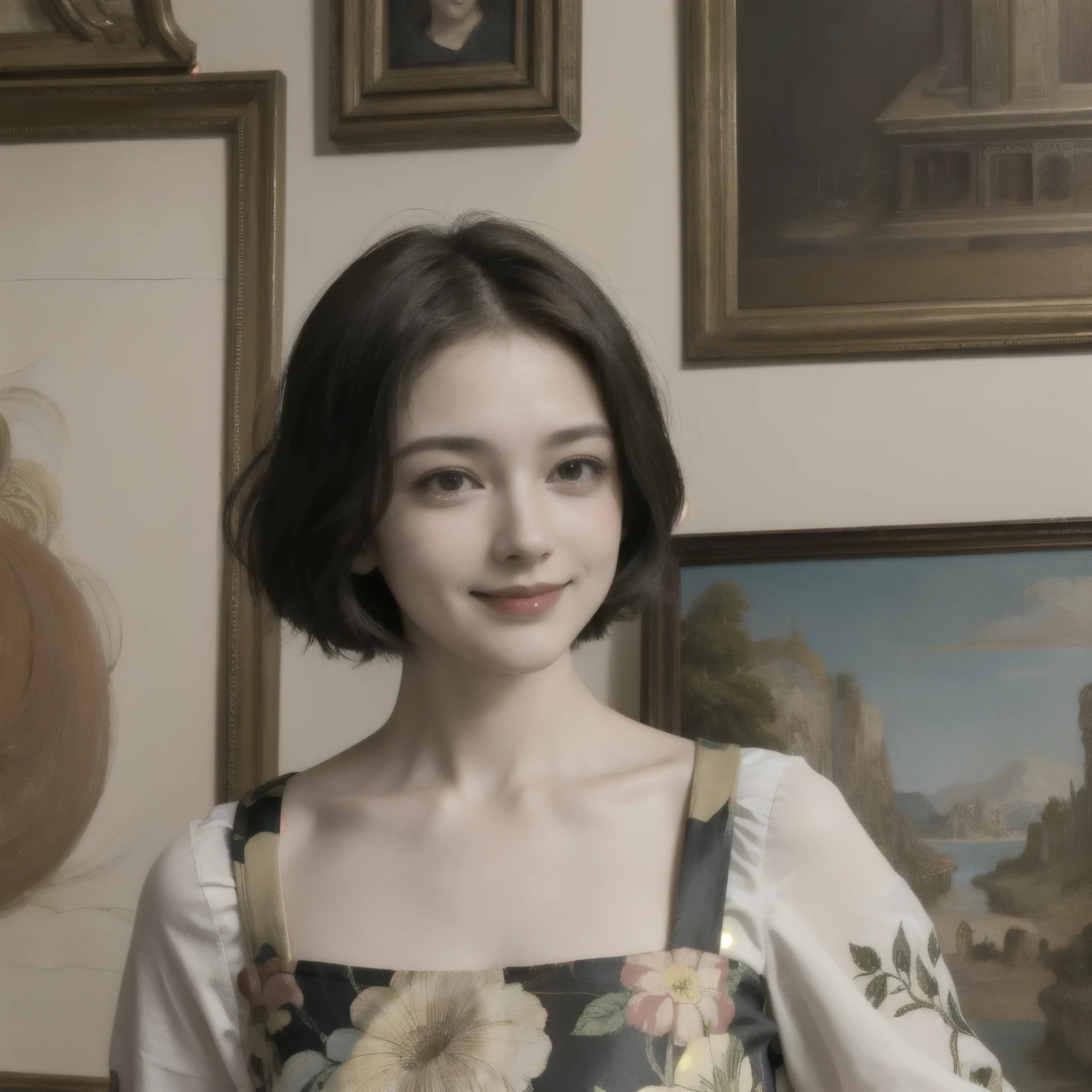 262 20-year-old female,(Short Hair 46),(Genuine,chest:1.5),Old-fashioned smile,(Paintings by Leonardo da Vinci),flower