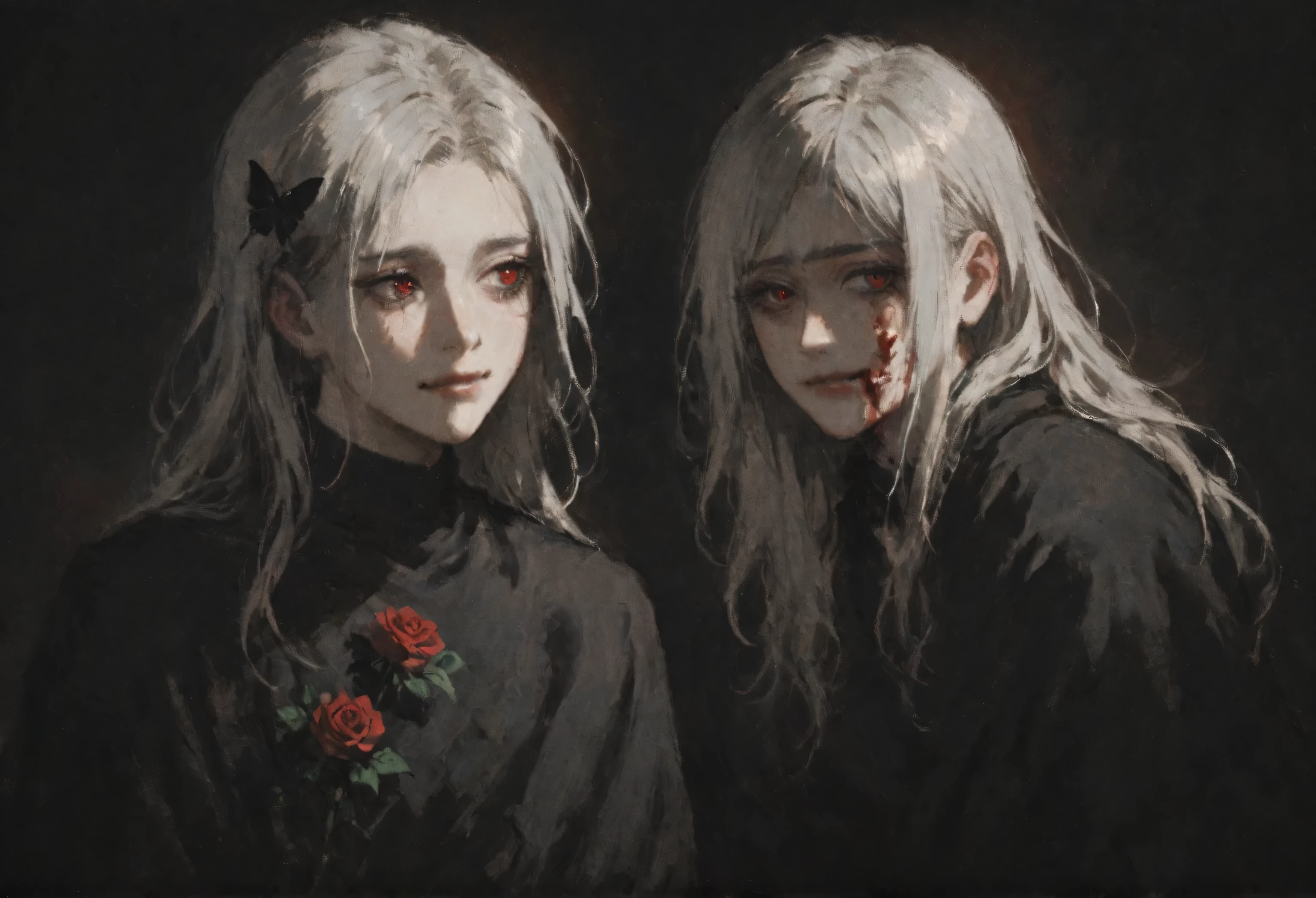 1boy, male, very thin, tall, long hair, platinum blonde, black trousers, white shirt, slightly cropped shirt, checkered black and dark red poncho over the shirt, sad mysteries smile. lighting depth, spectacular soft atmospheric lighting, soft style, ultra-high resolution, perfect lighting, incredibly beautiful photography, perfect color correction. A rose in the eye, a rose in the head. Blood on his face. Blood from the eyes. black butterflies, oil style, sad style. Darkness.