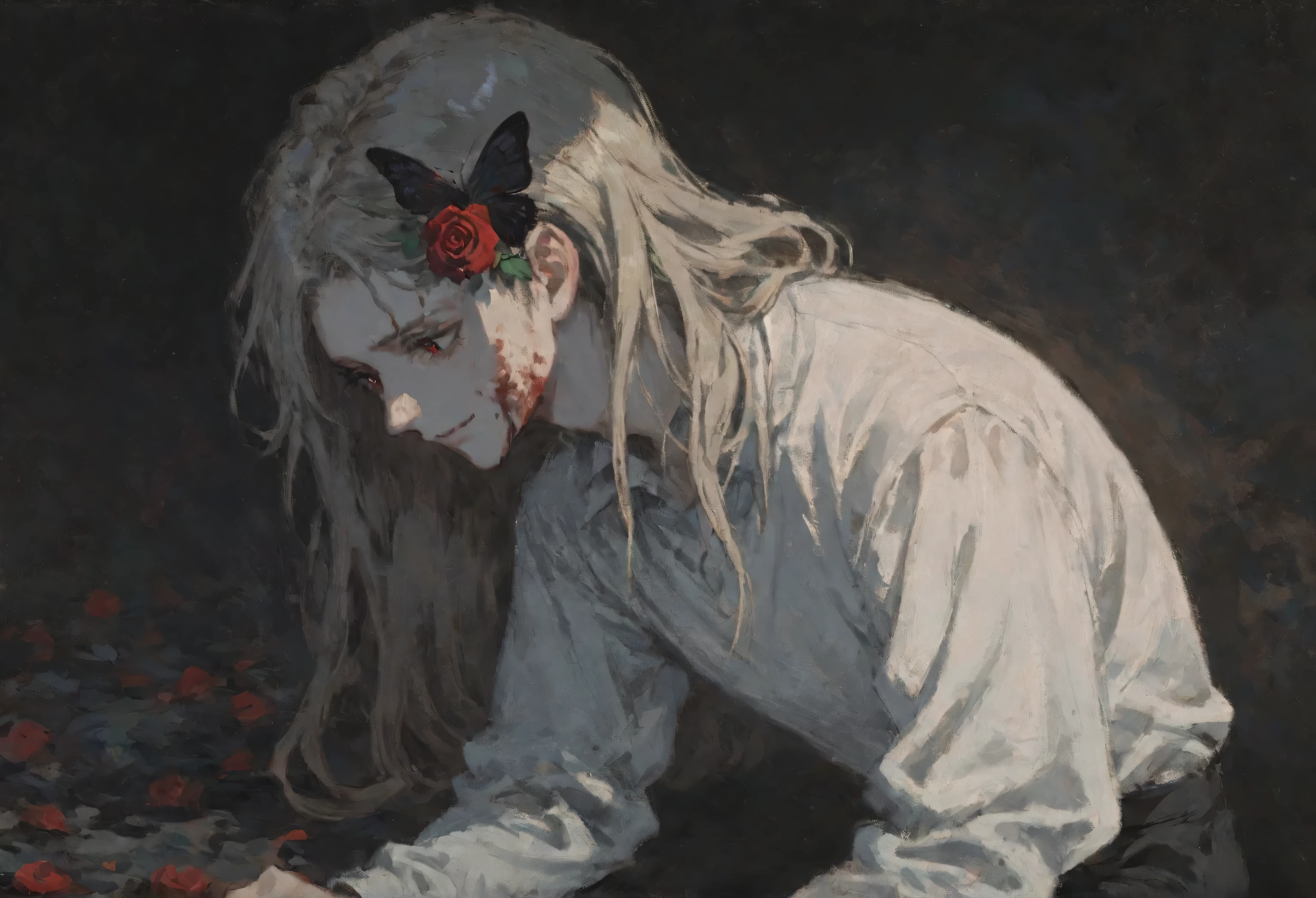1boy, male, very thin, tall, long hair, platinum blonde, black trousers, white shirt, slightly cropped shirt, checkered black and dark red poncho over the shirt, sad smile, lighting depth, spectacular soft, atmospheric lighting, soft style, ultra-high resolution, perfect lighting, rose in eye, rose in head, Blood on face, Blood from eyes, black butterflies, oil style, sad style, Darkness.