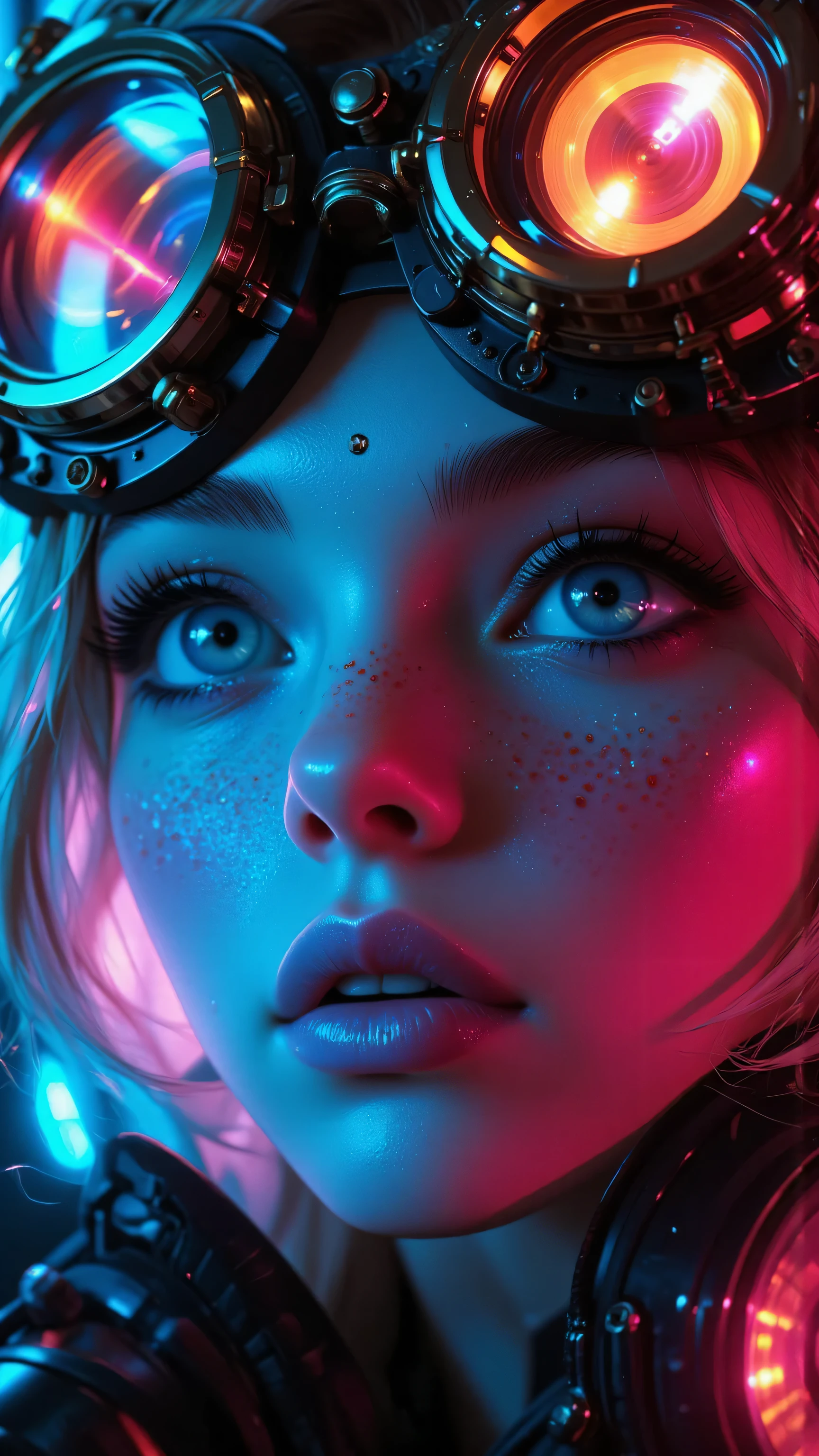 8k, Masterpiece, Top Quality, Cyberpunk portrait, steampunk goggles with glowing lenses, neon lighting, intense blue eyes, freckles, nose piercing, blue lipstick, blonde hair, dramatic lighting, colorful reflections, high contrast, futuristic aesthetic, close-up shot, detailed skin texture, vibrant colors, sci-fi mood, hyper-realistic, 8K resolution