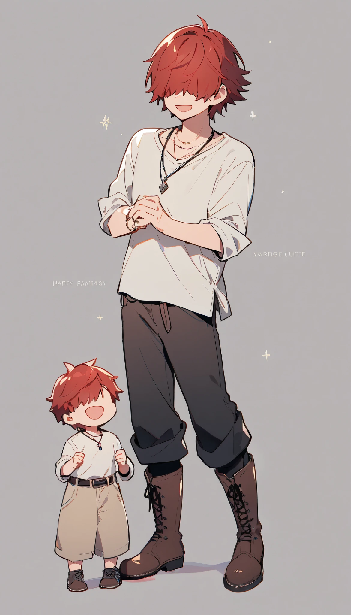 (((Highest Quality))), (Simple background), 1boy, single, fullbody, standing, red hair, short hair, hair over eyes, shirt, roll up sleeves, boots, pants, necklace, marriage ring, happy, fantasy, cute