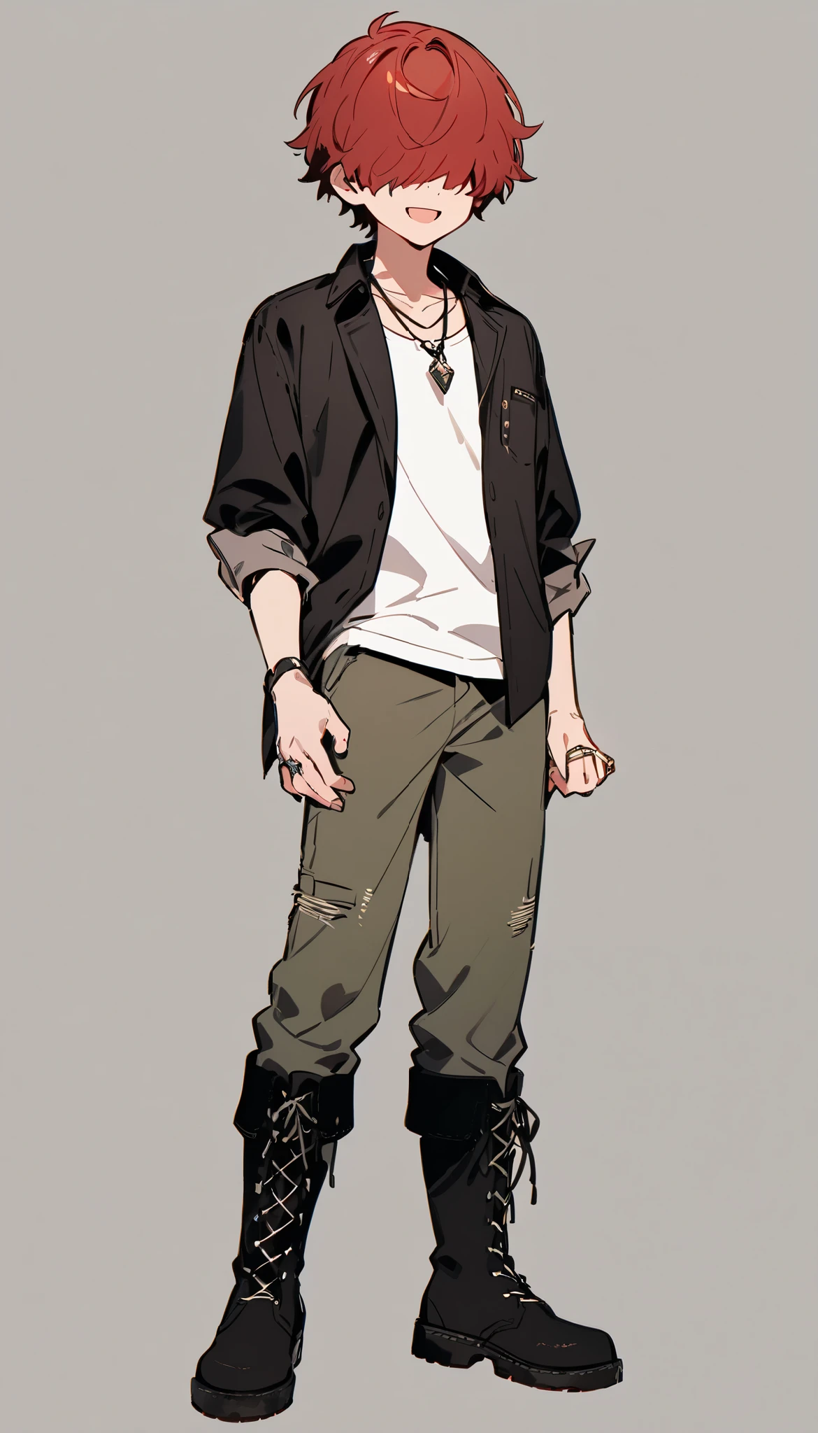 (((Highest Quality))), (Simple background), 1boy, single, fullbody, standing, red hair, short hair, hair over eyes, shirt, roll up sleeves, boots, pants, necklace, marriage ring, happy, fantasy, cute