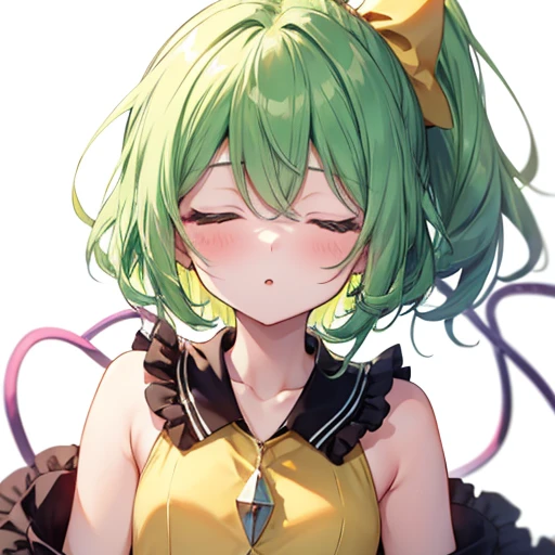 pink eyes, Alone, Masterpiece, Best Quality, 1 girl, White jacket, black turtleneck, double bun, long sleeves, square fringe ,(([green fur | ((green fur pastel))])), excite face smile, off the shoulder, small breasts, ((Asymmetrical side locks)),