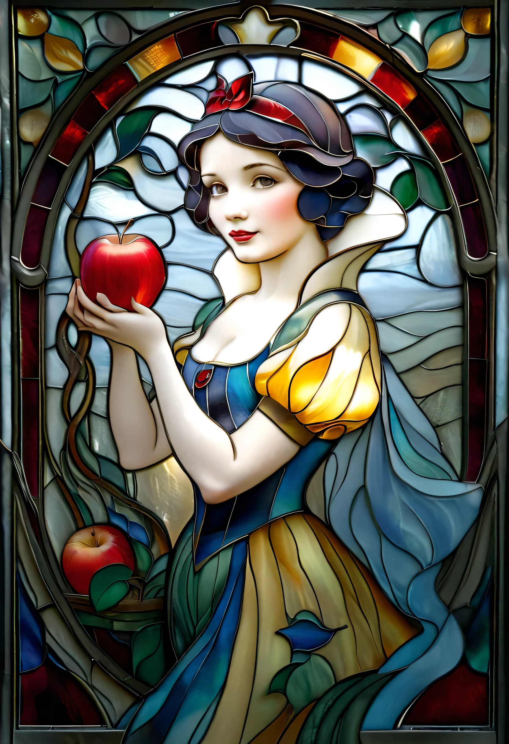 a stained glass window with a woman holding a apple, a mosaic inspired by Jean Hélion, trending on cg society, art nouveau, stained glass style, stained glass art, art in the style of disney, masterpiece stained glass, stained glass, stain glass, stained glass!!, disney art, snow white, disney art style, mucha style 4k