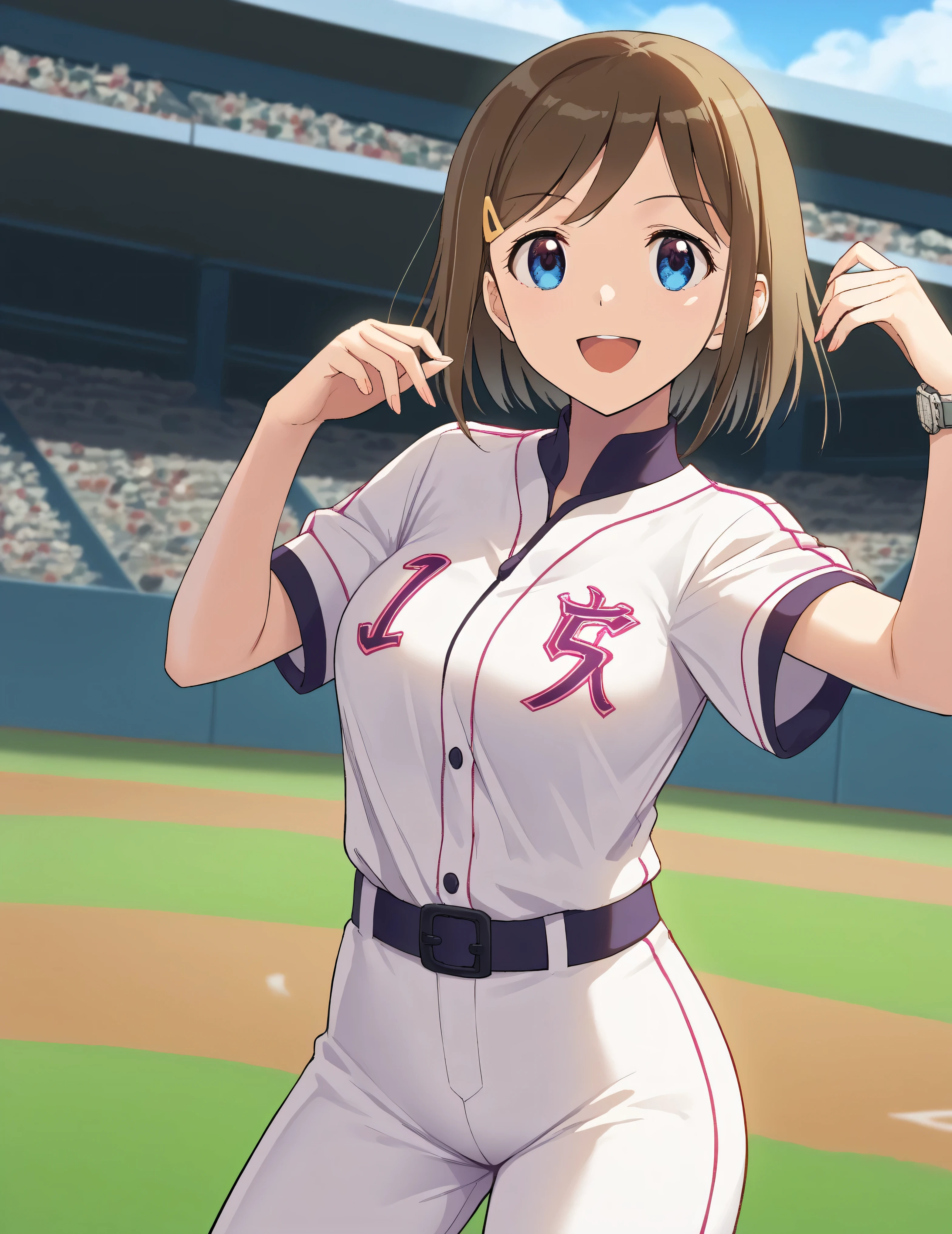  score_9,  score_8_ up,  score_7_ up,  score_6_ up,  score_5_ up,  score_4_ up,  source_Anime,( top quality:1.1), ultra detailed, Hi-Res,Highly detailed skin, beautiful detailed eyes,8k, sharp concentration, beautiful, beautiful eyes,  anatomically correct ,  anatomically correct  face, extremely detailed eyes , smooth edge , beautiful face, symmetrical eyes, left and right name color, aa Izumi ,  brown hair,   short hair, stupid hair,  hair ornament,  hair clip,  blue eyes, , ( beautiful, 小さな:1.2),  baseball uniform,  sportswear, belt,   white pants, smile,  open your mouth,  is standing, cowboy shot,  outdoor,  watch viewers,  arms on both sides,