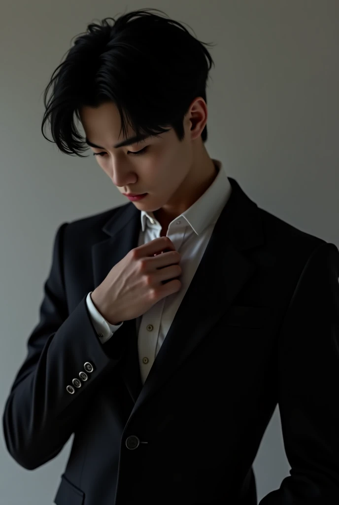 A Korean boy with a Babyface and a nice , body who wears an elegant and sexy suit that looks at his chest sitting like a mobster