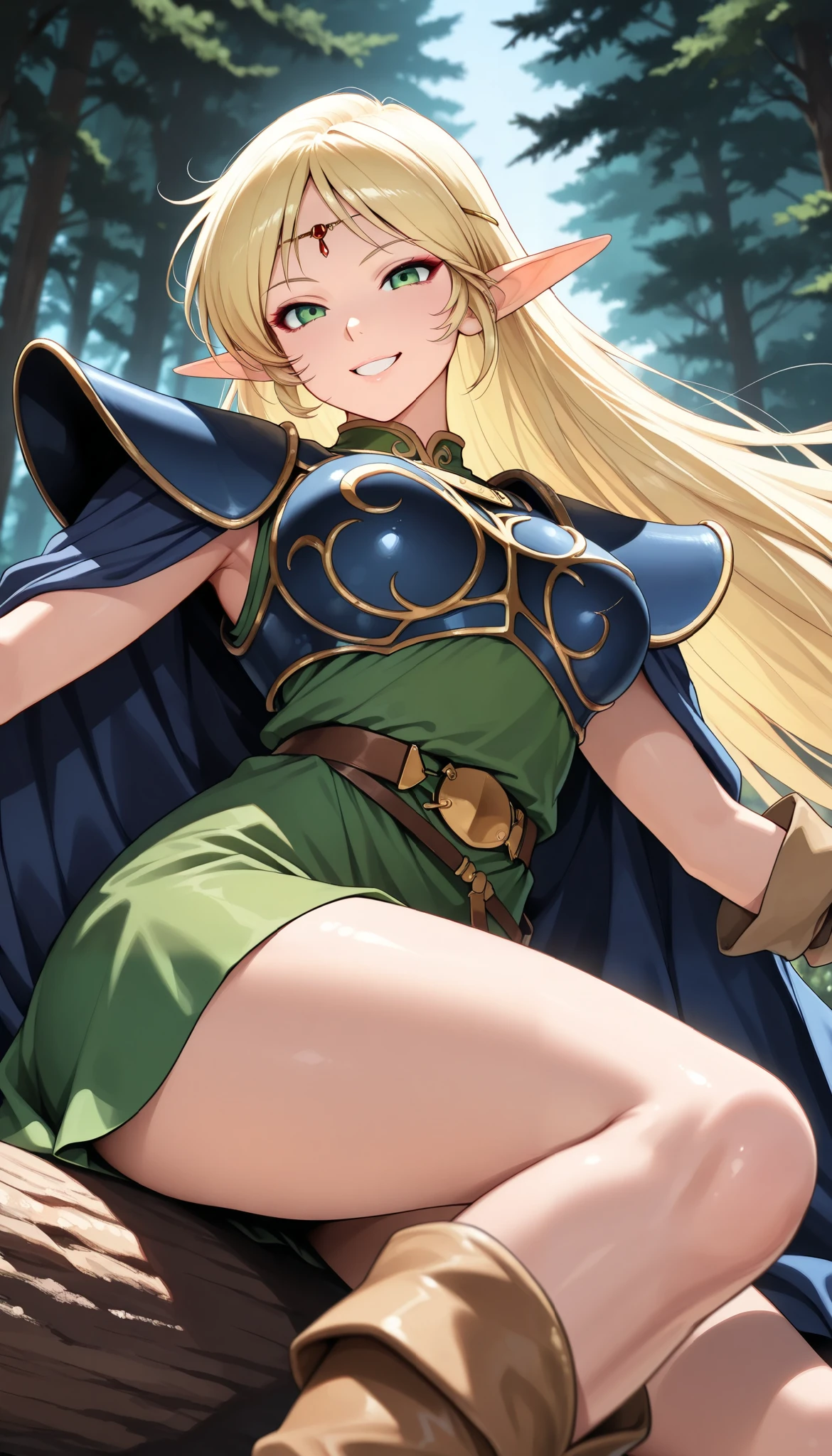 1 Female, deedlit \(Record of Lodoss War\), (( Gold, long hair)), green dress, circlet, sleeveless,shoulder armor,armor,breastplate,cloak,blue cloak,boots, Eyeliner, ((smile, grin )), face close-up:1.4, Big Breasts, dramatic lights , dark fantasy, Lustful Atmosphere , Forest Background, Detailed forest tree 々, wind blows,Glamorous Light , shallow depth of field , photogenic, Supernatural, RAW Photo, Physically Based Rendering , ( top quality:1.2, very detailed, high detailed CG illustration , soft focus, Masterpiece:1.2, Best Aesthetics),