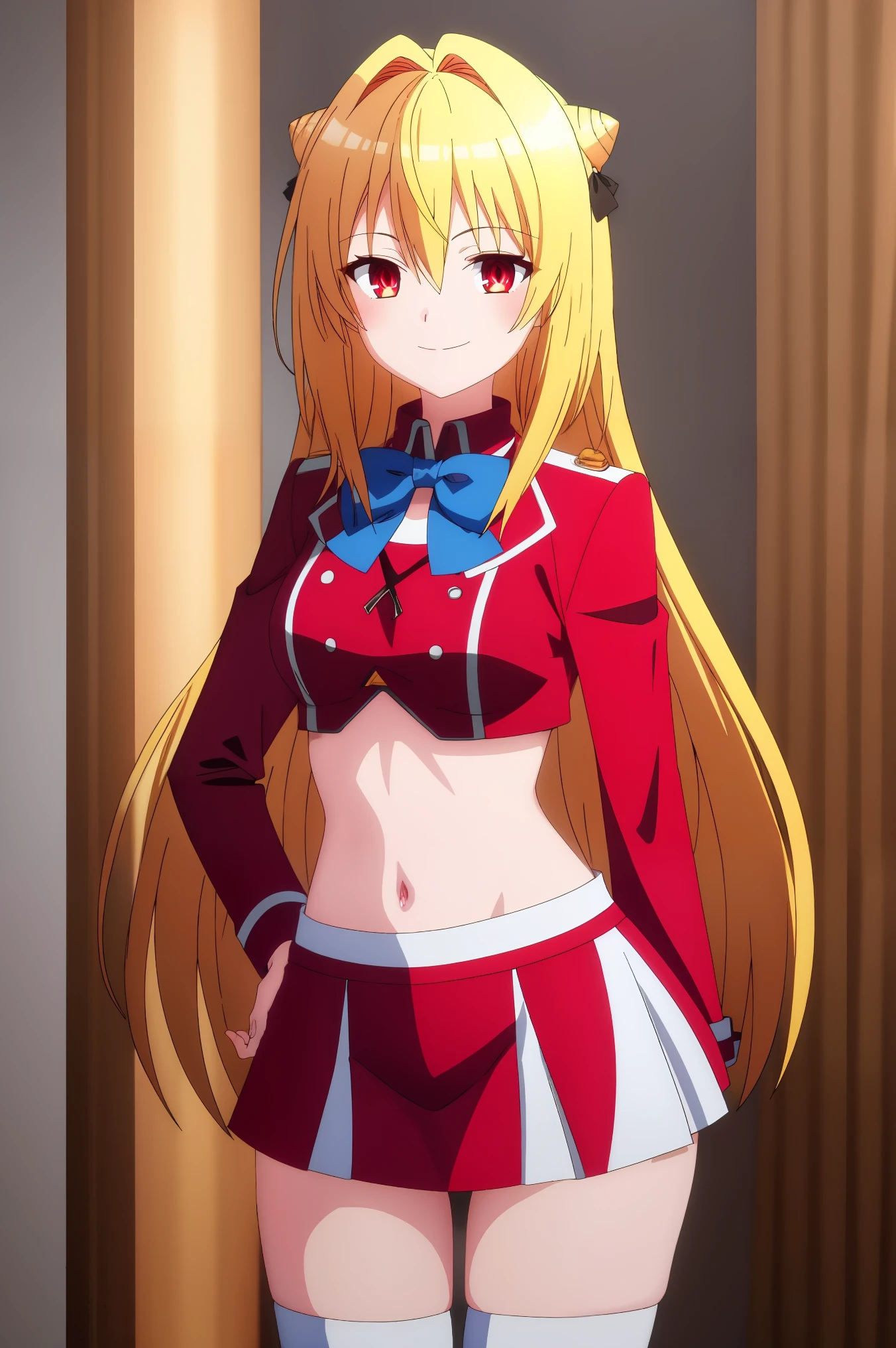 (( best quality )),(( very detailed)), Masterpiece ,absurdities, detailed face, protrudes a beautiful face, slim body, ( detailed eyes , deep eyes ),) ,konjiki na yami, terakomari , two girls, red eyes, open mouth , glowing eyes, chelka, long hair, hair between eyes, simple background, hair bun , blonde, indoor background, yellow hair, hair поклон, bowtie, hair arrival , Cortret , tape, red jacket, happy face, smiles, hair tape, looking at the viewer, blue fixtures, double bun, thigh-high shot, , middle hips ,