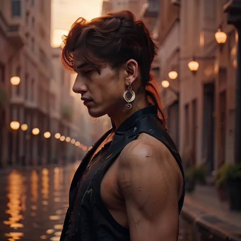 liquid thong, male focus, gloves, 1boy, solo, long hair, blue hair, earrings, jewelry, simple background, black gloves, water, ponytail, low ponytail, grey background, extremely handsome male, (naked body), wearing micro black tiny g-string, mage long red robes, single earring, bangs, liquid hair, sky print,