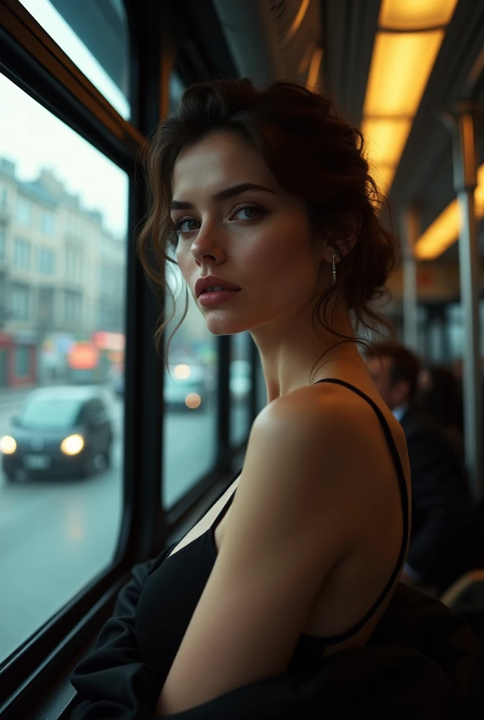 Photo cinematic portrait of an european woman dressed in a bohemian and elegsnt striped mini dress enhancing her cleavage, she has small breasts, sitting by the window of an old train in the early morning, early sunrays, one hand touching the window glass, she's a playmate, she is very shy but brave, men magazine model,cinematic, (tilted:1.3) (on an old train) look cautious,  under a spotlight, volumetric dust clouds, key light, backlight, soft natural lighting, photography Film grain ISO 400, 50 mm lens RAW f1.8 aperture, highly detailed (analog photography:1.5), colors hdr(Best quality, Ultra detailed, Golden ratio, Masterpiece:1.2), Theatrical lighting:0.9,  Perfect rare face, (Highly detailed skin), randomly messy short hair, skin texture, Pale skin, shiny skin, (thin, large size:1.2), [(Sharp focus on rare face, perfect eyes:1.2):0.2], photorealistic, film grain, from below looking up、look at camera、Emphasize the shoulders, fit arms, Focus on face、glasses、disdainful shy lovely expression, summer haze, muted colors, muted warm colors, 