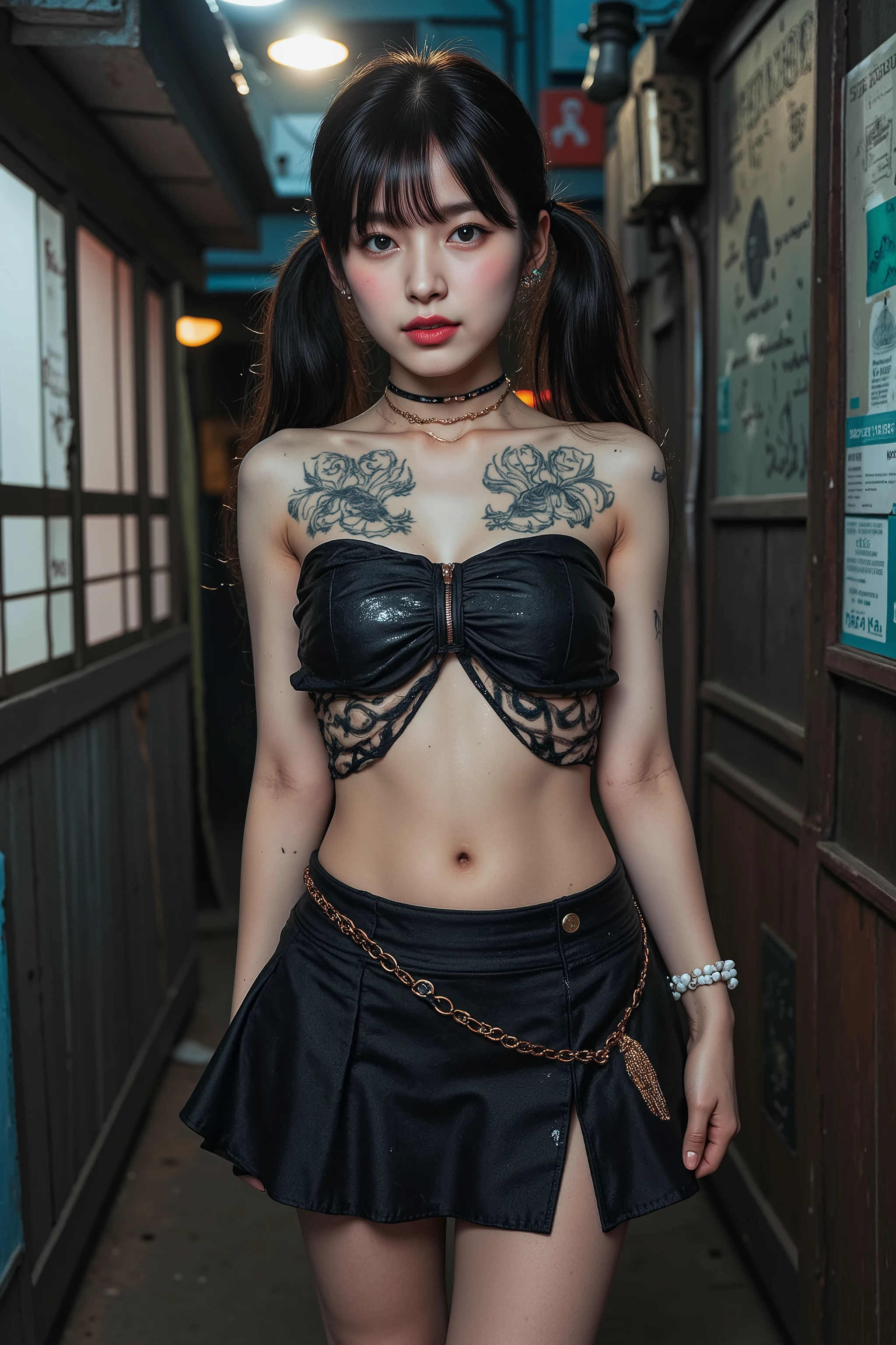 NSFW, xlr_skin,
Film camera depiction,
Taken with a high-dispersion high-end lens,
Wide-angle lens,
Full-body shot,
at night,
A beautiful Korean girl is attracting customers at in the slums,
Her face has large scars,
((The scars have become ugly keloid scars)),
She was a member of a Korean idol group but retired due to her scars on face,
Before she ended up in this slum, she was used by bad people and had scars all over her body,
She has many tattoos,
One of them is a picture of poop,
Another has the words "Sluty Arin" carved into it,
In the slums, she became very dirty,
She has lots of bumps and pimples on her skin,
Twintails, high position Pony tail, longhair, bang,
She wears short skirt dress for idol stage that look like rags,
She smells like filth,
She is high on drugs,
She does not refuse any sexual acts,
She will even have sex with a dog,
hovels and two- or three-storey rundown apartments built close together,
very narrow alleys where it's difficult for people to pass each other,
she is second hands,
