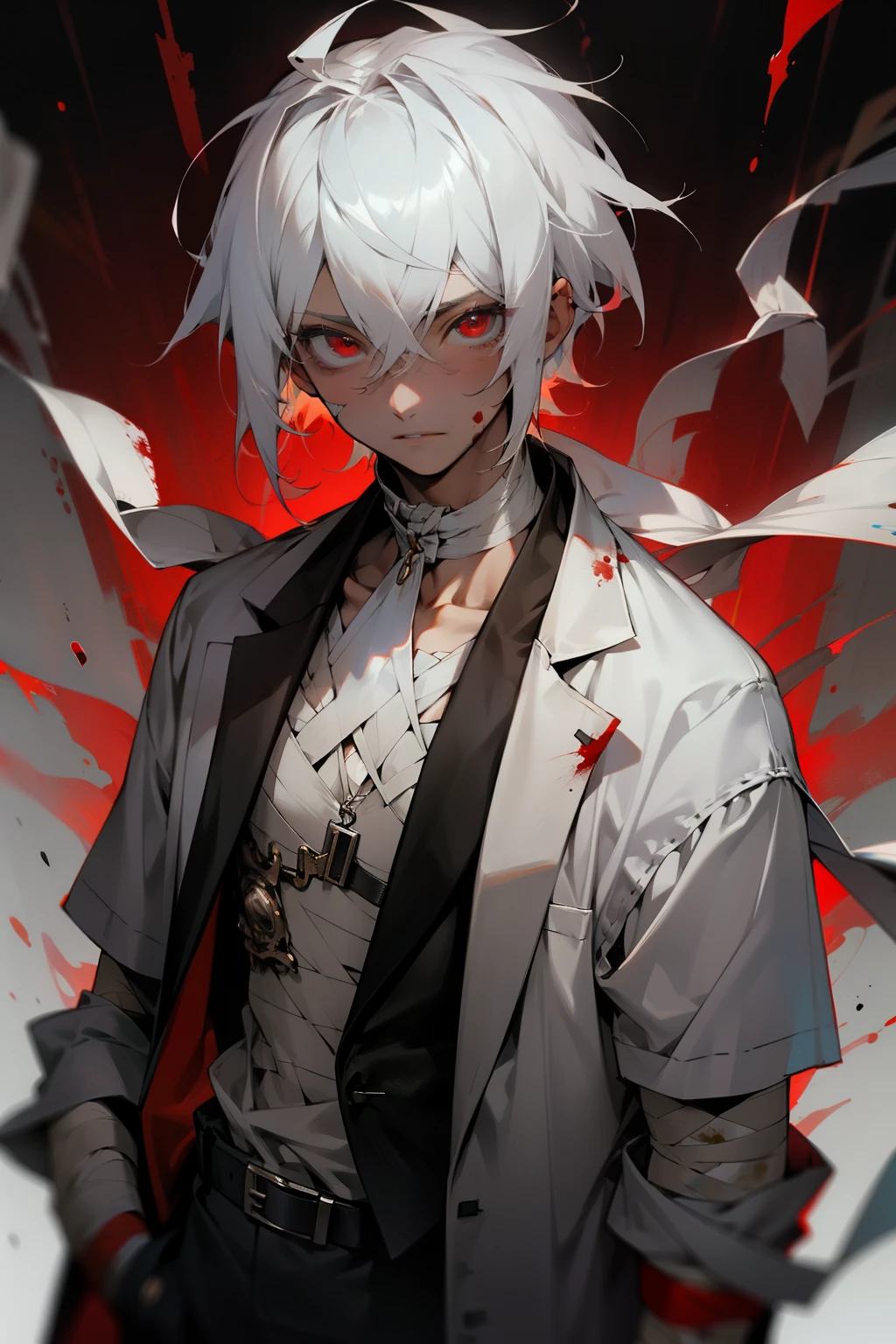 20 year old boy,Red eyes,white hair,Gray suit.