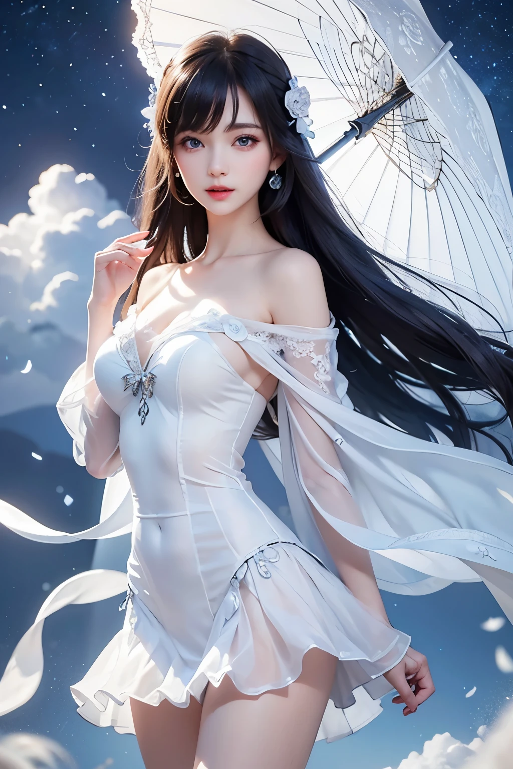 1female, Nero, White and blue skin texture,wavy and long hair,The details of the long dress like a starry sky