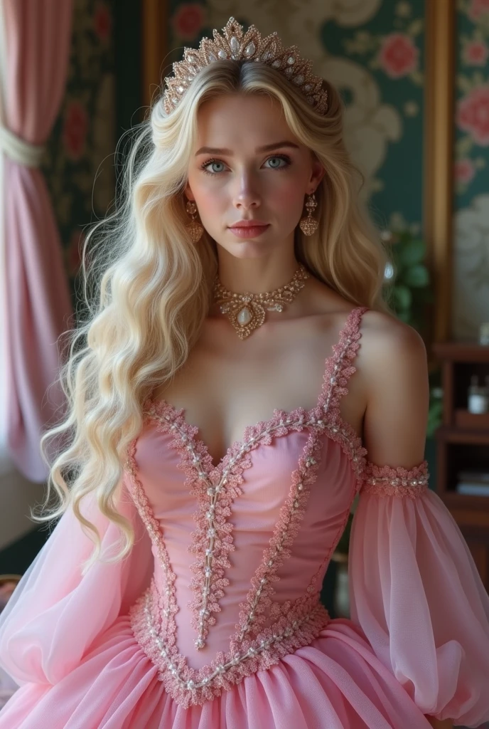 15 year old blonde girl with blue eyes in a green princess dress with a bun in her hair, a beautiful princess hairstyle 