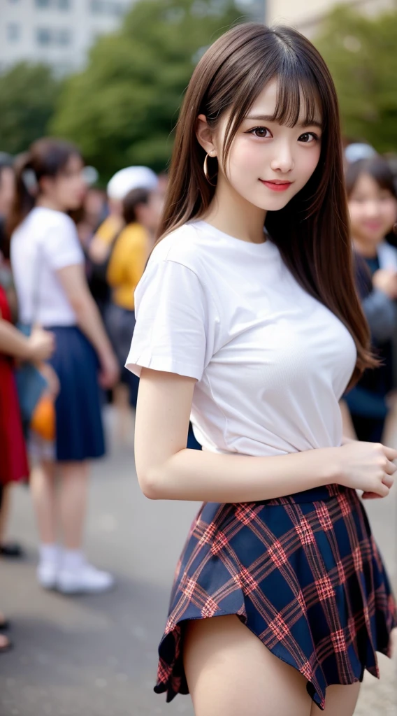extremely detailed CG unity 8k wallpaper, best quality, ultra-detailed, masterpiece, realistic, photo realistic, extremely detailed cute girl, 20years old, (skirt lift), ((skirt lift by myself)), white panties , panties focus, blush, parted lips, looking at viewer , half body shot , wearing frilled shirt , crowd, crowded city,