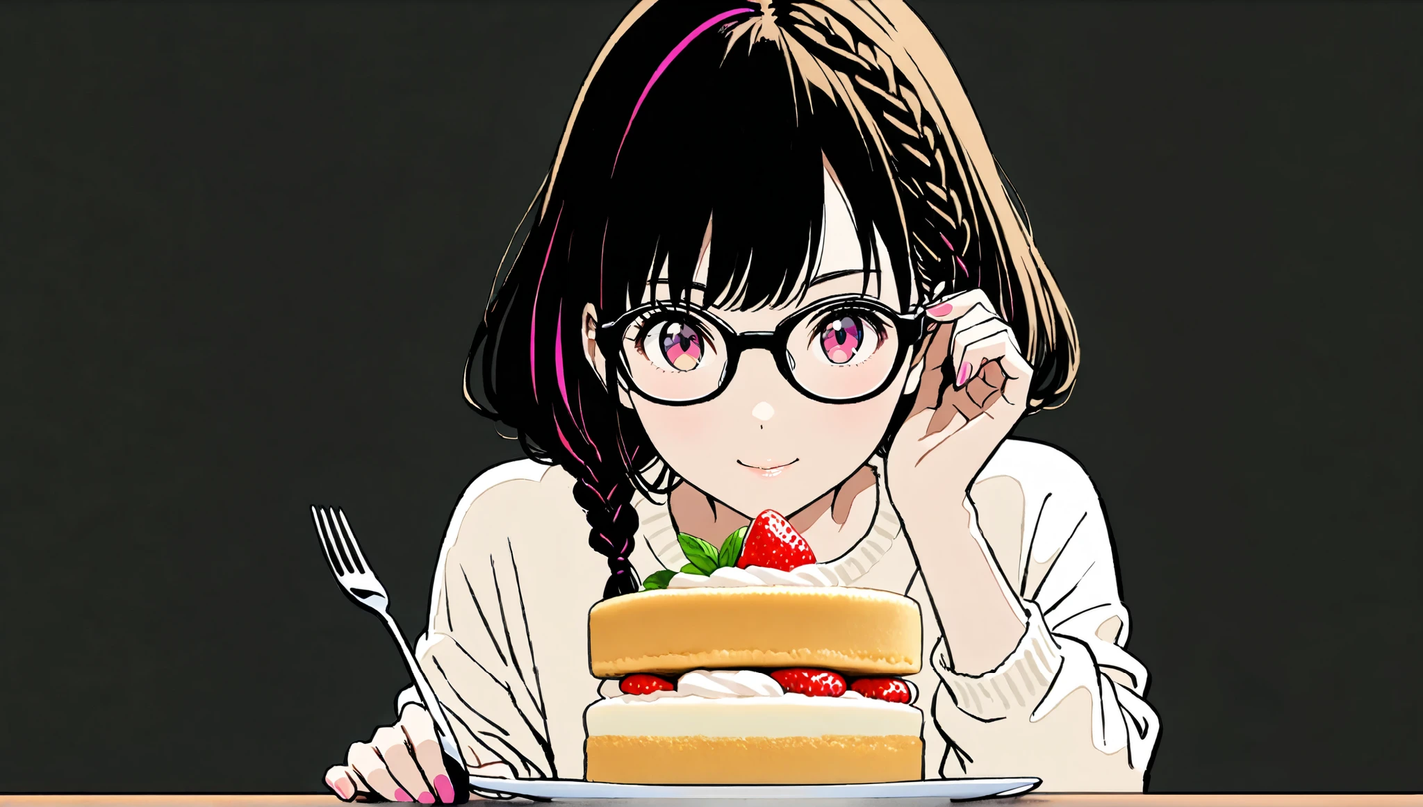 ((( stares)))、Smile、(((He holds a fork in his right hand))),(((There is a small shortcake on the table))),(((black braid long hairstyle ),()),(Pop Color)),masterpiece,、Highest quality, Beautiful attention to detail, Very detailed, In detail, High resolution, Perfect Anatomy, , , girl, (one person:1.5), alone,((( black rimmed glasses)))、 ( wearing a white long sleeve sweater), ((White solid background))), Background, (City Pop anime), Kyoto Animation, ,anime,
