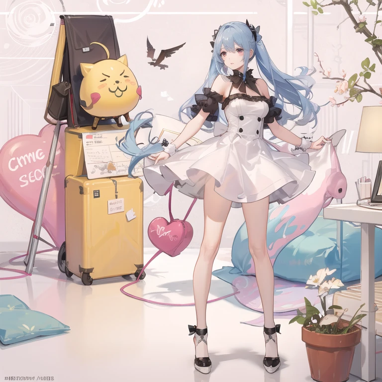 a close up of a anime cat girl streaming on the computers looking back eating a snack, anime moe artstyle, ahegao, long gray teal hair, curly hair, brown ayes, anime style 4 k, nightcore, official artwork, top rated on pixiv, anime wallaper, mikudayo, , pixiv, popular on pixiv, anime! 4 k, anime! 4k, high quality anime artstyle, white dress, white pajamas, pink bedroom, bed full of plushies, background, pink gaming chair, calm atmosphere(small young girl full body)、a baby face、Very cute、slim and beautiful、((small :1.2))、The eyes are well drawn、charming eyes、double tail、Wear jewelry and pearls around your neck,Transparent openwork、Deep V、crystal pearl、在Wear jewelry and pearls around your neck,white hair, Showing thighs, bare shoulders, showing clavicle, Yao Liu, barefoot,((whole body))、painful posture