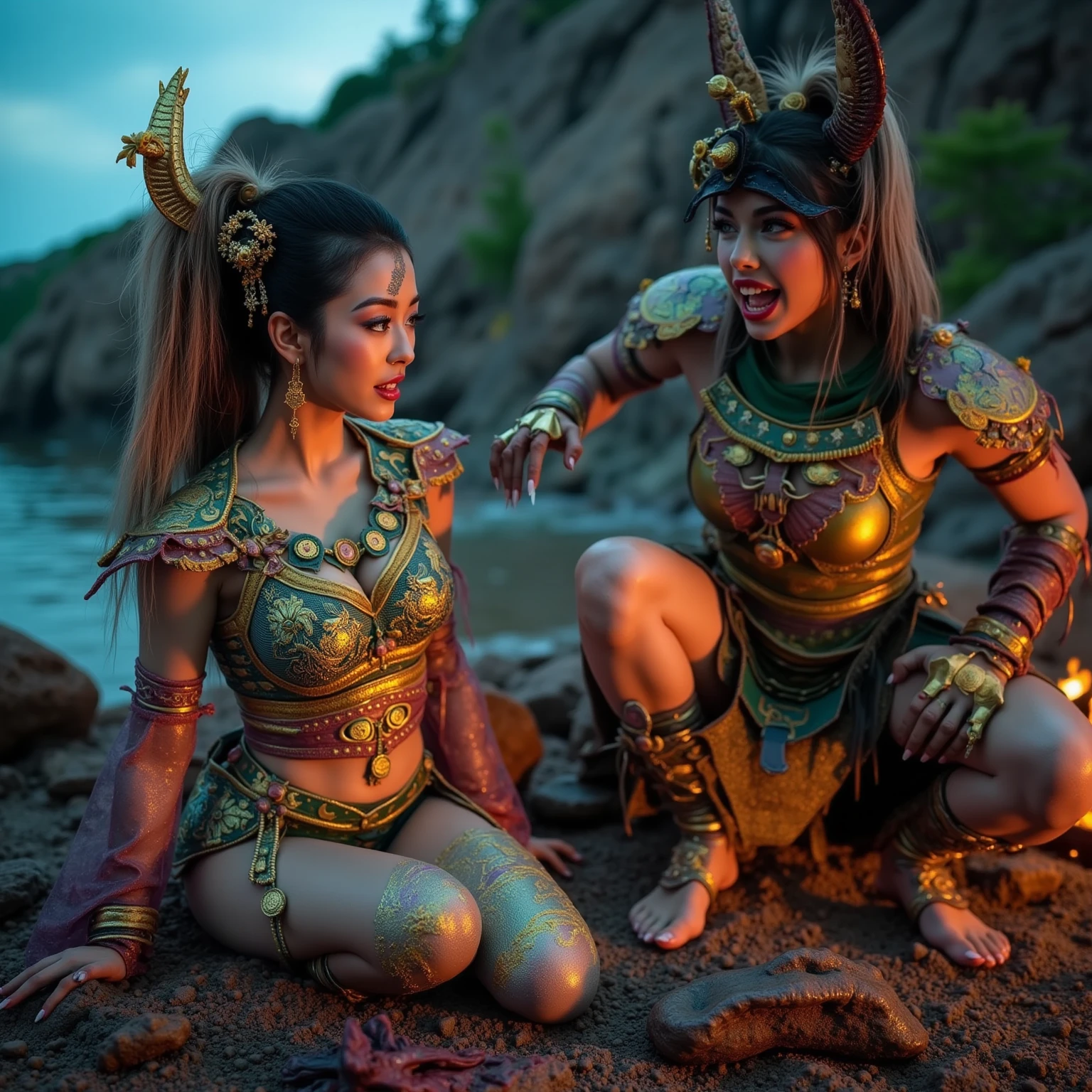 (Cosplay fashion video) Two women, (20s, Hindi, attractive, hourglass figure) are relaxing by an alien ocean on Star Trek pleasure world Risa, the pair stop to sun bathe and relax on the beach, lots of uninhibited women, women relaxing unburdened, beauty revealed, unfettered bodies, enjoying the warm sunshine unfettered, sun worship philosophy, liberal (They are wearing daring and revealing tiny outfits appropriate to the scene showcasing their confidence and sensual beauty as well as their elaborate tattoos.) The women's captivating eyes and luscious lips are meticulously detailed, enhancing their allure. The image quality is top-notch, with ultra-detailed rendering and vivid colors. The lighting is ideal, creating dramatic shadows and highlighting the curves of their bodies. Upscale to realistic, hyper realistic, extremely detailed.