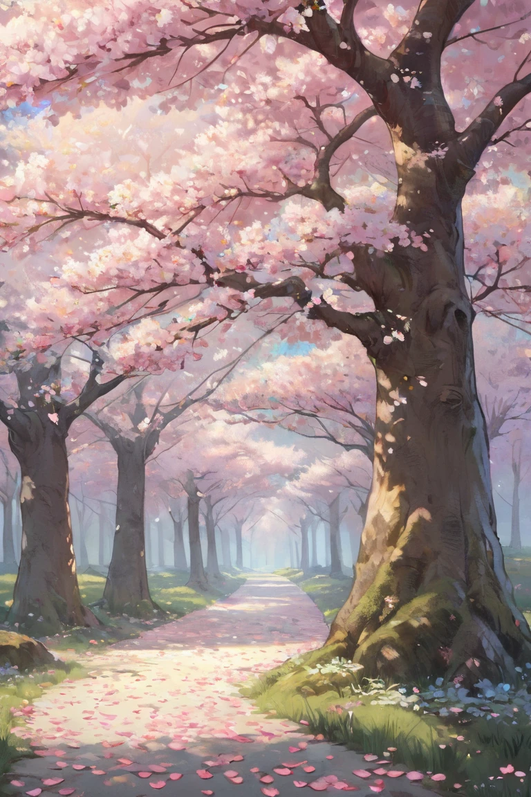 Forest without people、1 cherry tree in the center、 Cherry Blossom ...