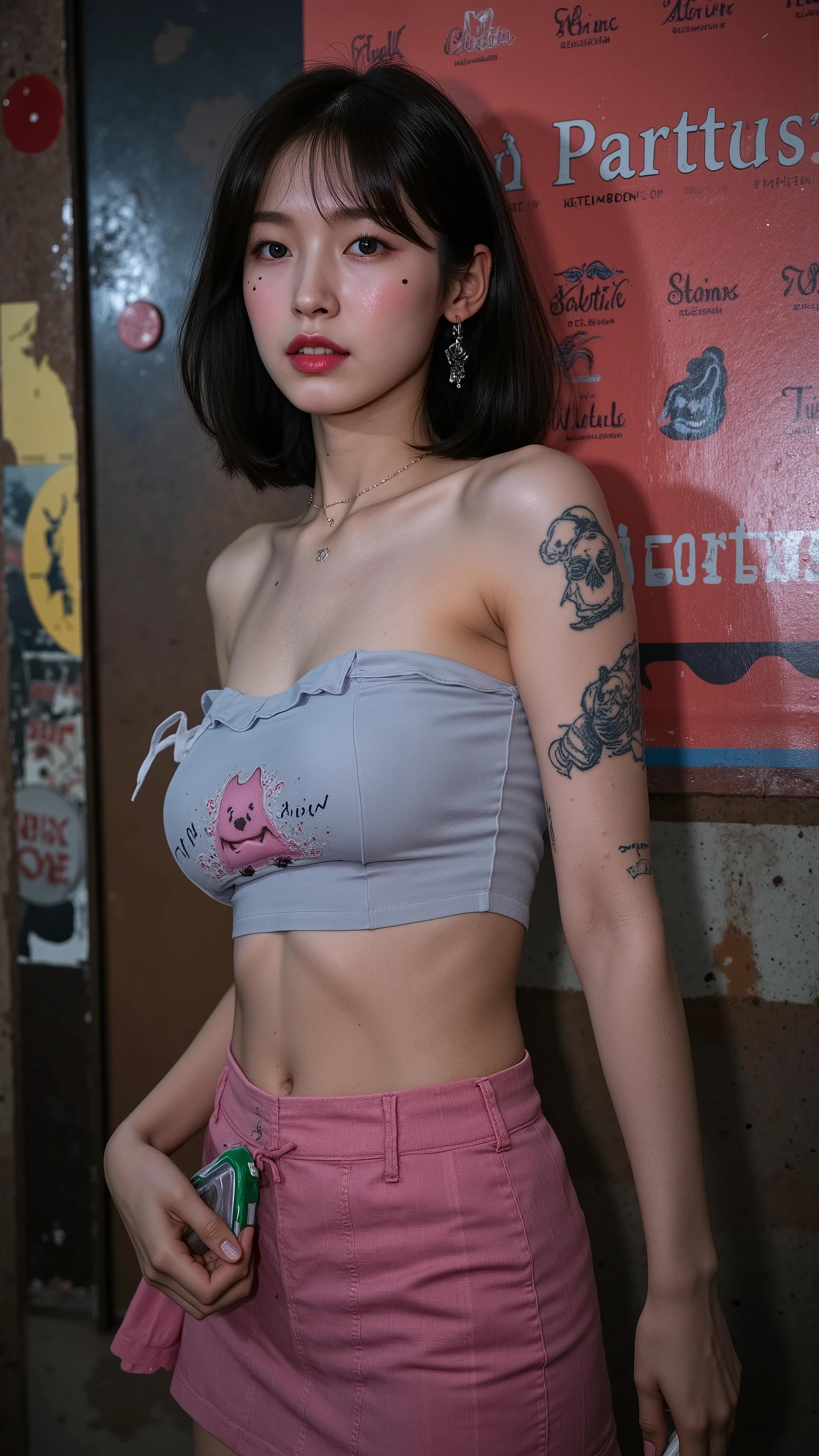 NSFW,
Film camera depiction,
Taken with a high-dispersion high-end lens,
Wide-angle lens,
Full-body shot,
at night,
A beautiful Korean girl is attracting customers at in the slums,
Her face has large burn scars,
((The burn scars have become ugly keloid scars)),
She was a member of a Korean idol group but retired due to her burns,
Before she ended up in this slum, she was used by bad people and had scars all over her body,
She has many tattoos,
One of them is a picture of poop,
Another has the words "Sluty Arin" carved into it,
In the slums, she became very dirty,
She has lots of bumps and pimples on her skin,
She wears tube top and short skirt that look like rags,
She smells like filth,
She is high on drugs,
She does not refuse any sexual acts,
She will even have sex with a dog,
hovels and two- or three-storey rundown apartments built close together,
very narrow alleys where it's difficult for people to pass each other,
used condom,
she is second hands,