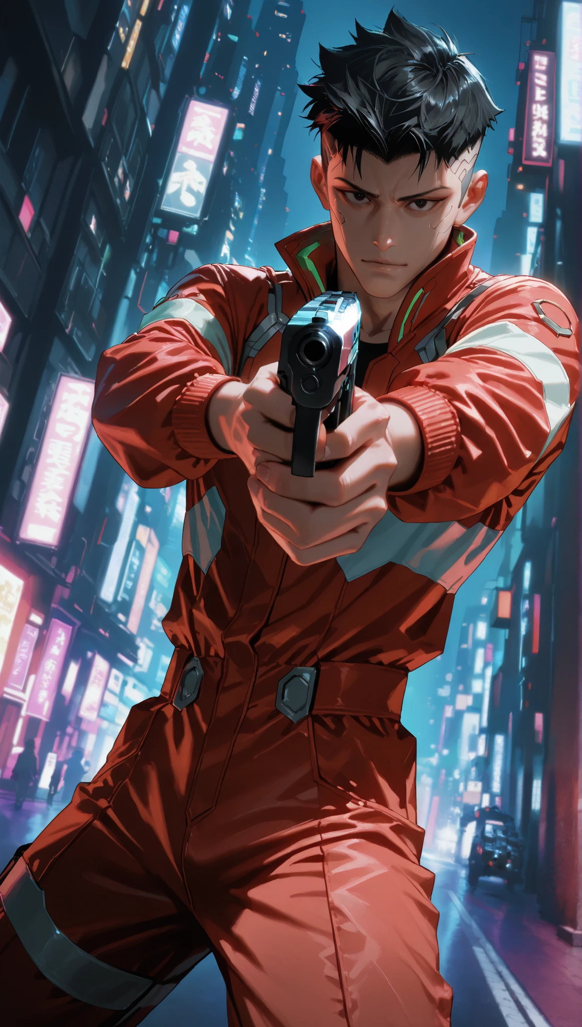 very aesthetic, 걸작, 고해상도, 8k 해상도, high contrast, semrealistic, newest, koreanai, best_quality, finely_detailed_eyes_and_detailed_face, (1 male), cyberpunk, edgerunners, cyberware, black_eyes, black_hair, (under_cut), (masculine), red_jumpsuit, long_sleeves, looking at viewer, (night street, shooting_stance, dynamic_angle), , holding_handgun