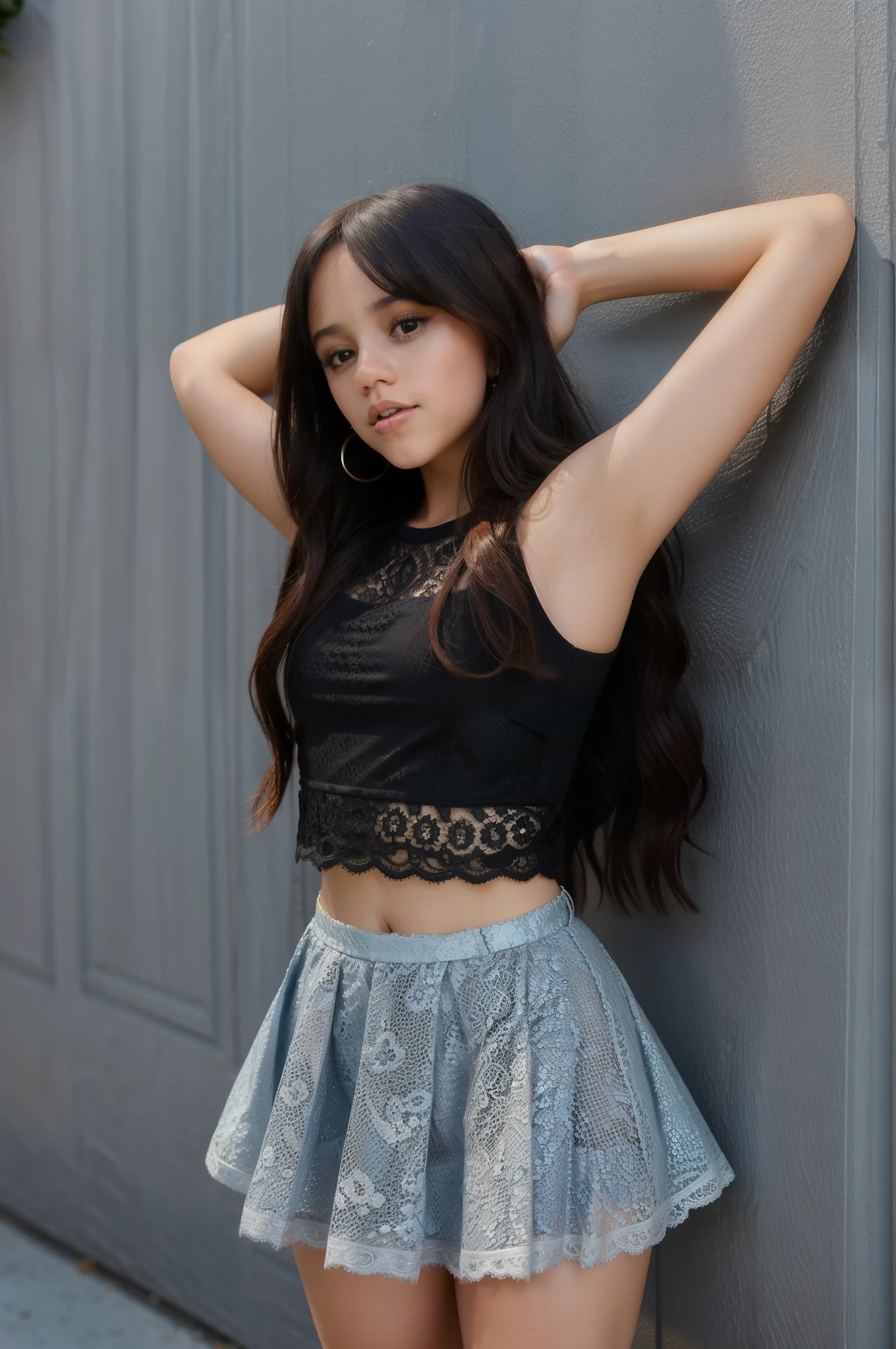Jenna_ Ortega wearing lace top , long hair,
upper body, solid background wall ,
nsfw, mini skirt , ,full body pic,sexy slim body,thin slim body,hands behind head