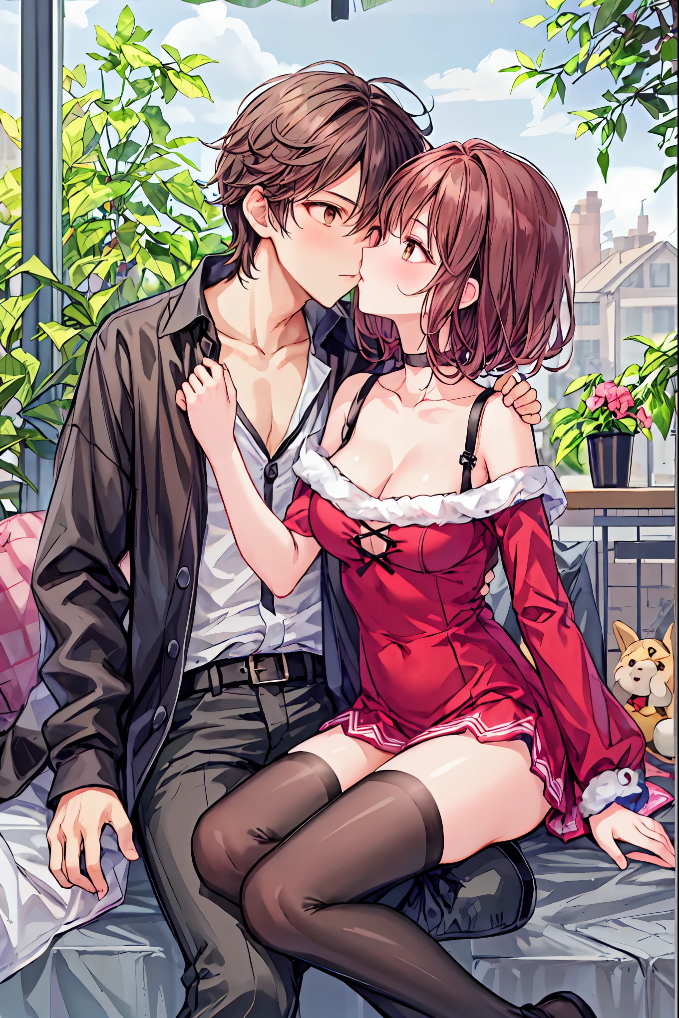 1 Female、1 male、 brown hair、 brown eyes、 top quality、 super detailed、8 Resolution、 RAW Photo、 Masterpiece、 perfect body、 high image quality、 top quality、 detailed map、 bright color、18 years old、 cute little 、 Face Up 、 christmas、A girl in a Santa Claus costume、 、 male and female couples 、 girl sitting on boy's lap 。the girl is straddling the boy。 mashcut boys 。Boy's provocative gaze 、 The girl has an embarrassed expression、 blushing ,Affectionate_ , and hug each other 、 lovey-dovey 、 、Kissing man and woman、 、