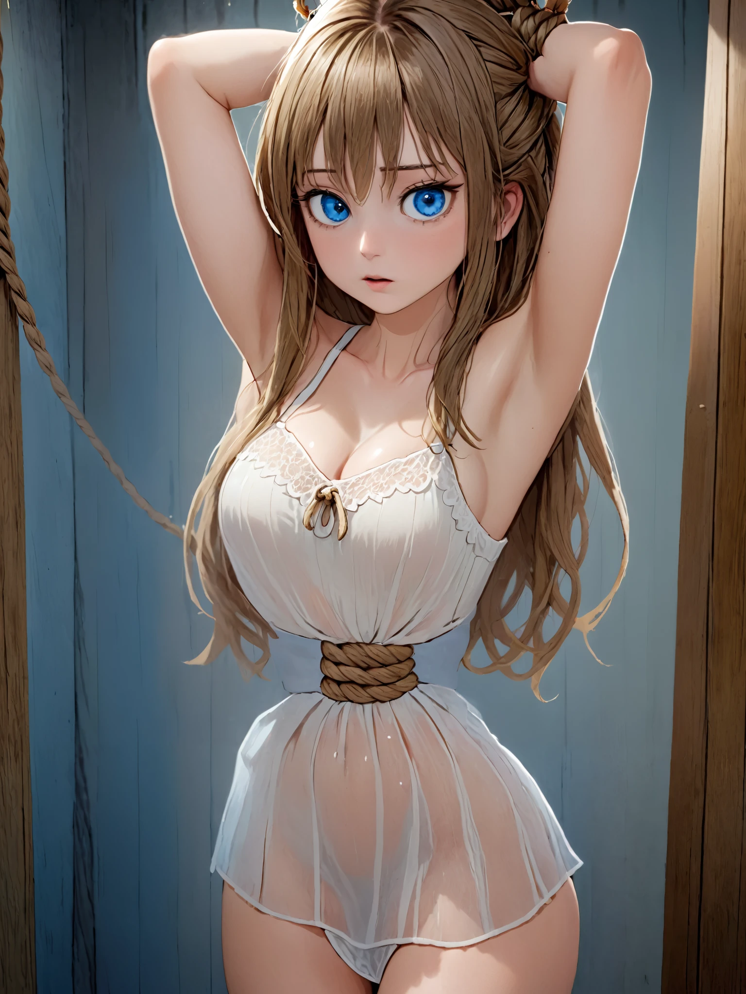 ((Real Picture Style ))),(( Masterpiece )), (( Top Quality)), ( very detailed ), Torture Room ,(((Hemp Rope Tightening Around her Waist))), cute girl,white Lace Slip Dress,beautiful lightbrown hair ,(beautiful blue eyes ), long hair, expression of pain