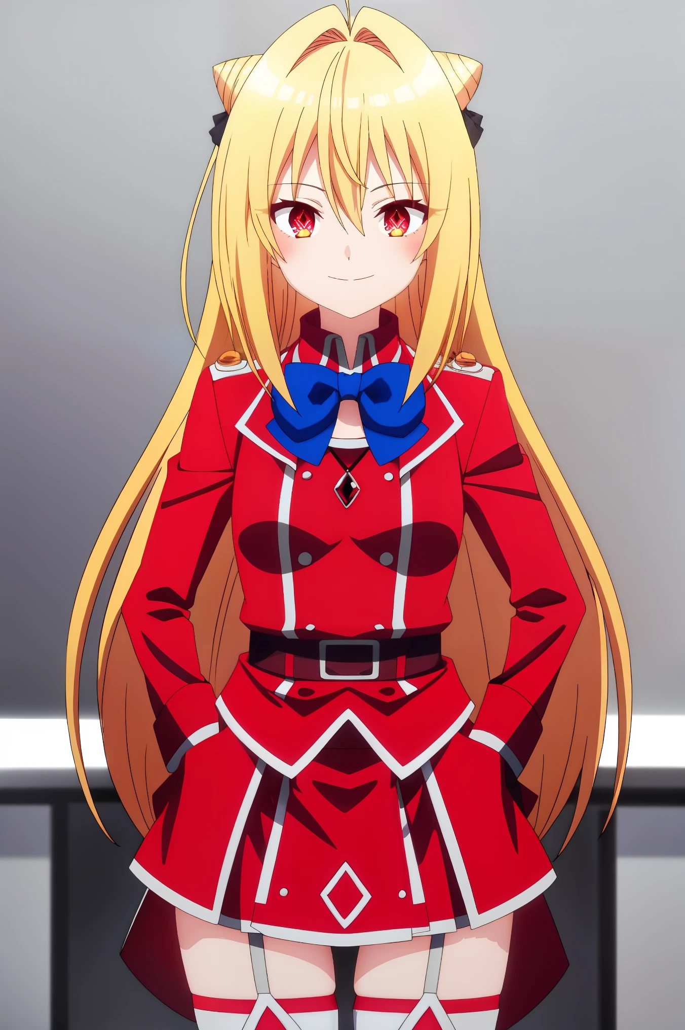 (( best quality )),(( very detailed)), Masterpiece ,absurdities, detailed face, protrudes a beautiful face, slim body, ( detailed eyes ,  deep eyes ),) ,konjiki na yami,  terakomari ,  two girls,  red eyes,  open mouth , glowing eyes,  chelka,  long hair,  hair between eyes,  simple background,  hair bun ,  blonde, indoor background,  yellow hair, hair поклон, bowtie,  hair arrival , Cortret , tape, red jacket, red skirt,  happy face,  smiles, winks, hair tape,  looking at the viewer,   blurred , blue fixtures,  double bun, thigh-high shot, ,  middle hips , 