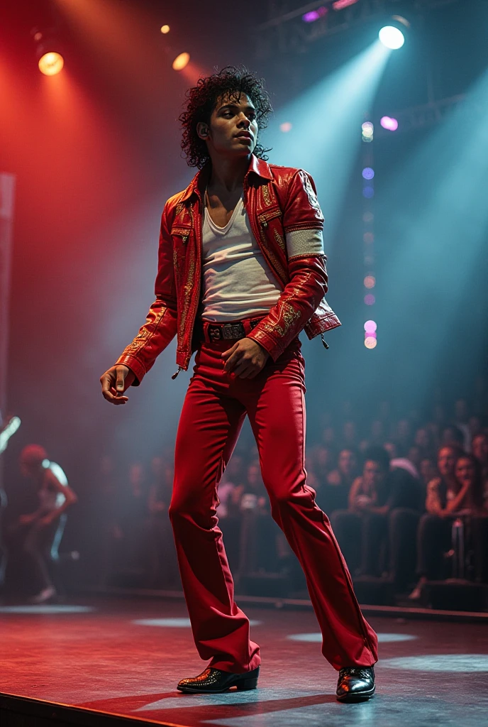 Bruno Mars in bright, flashy clothes、Singing at an arena live show