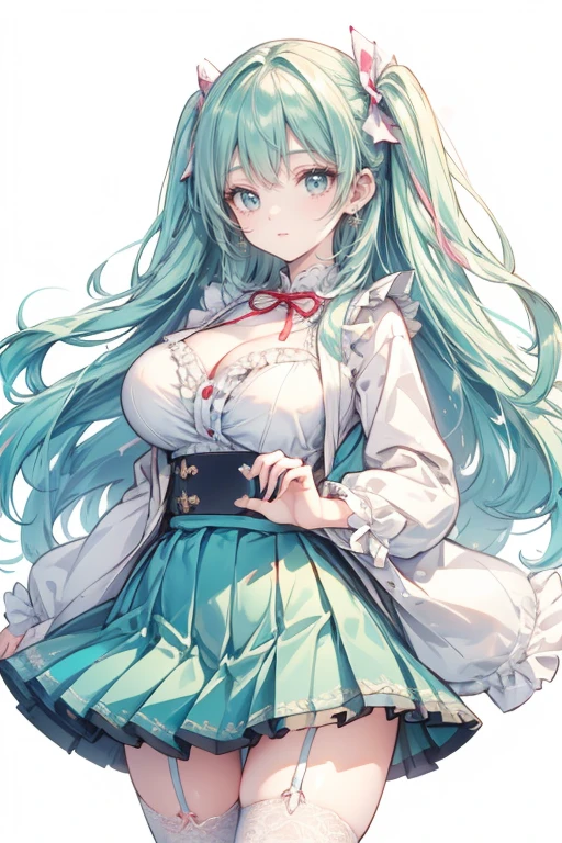 (Top quality、high resolution、Beautiful and delicate eyes、White lighting:1.2)、Super giant 、Large Breasts、Green Background、The viewer's perspective、White hair、Hair longer than legs、Pink hair、Bangs、Long sleeve、Black shirt、a black skirt、Long coat、Smile、short and small、Slim details,Pregnant，Huge breasts