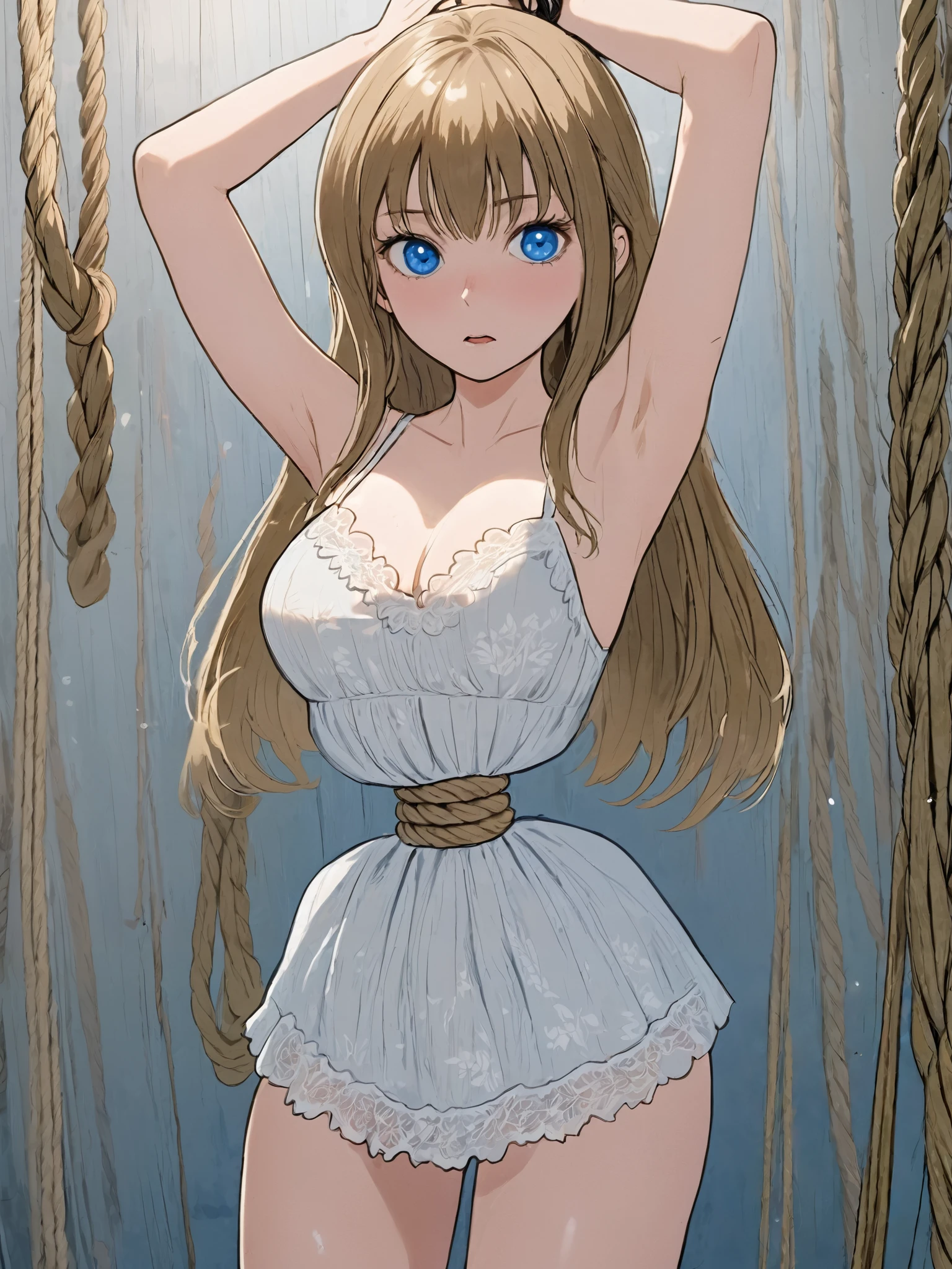 ((Real Picture Style ))),(( Masterpiece )), (( Top Quality)), ( very detailed ), Torture Room ,(((Hemp Rope Tightening Around her Waist))), cute girl,white Lace Slip Dress,beautiful lightbrown hair ,(beautiful blue eyes ), long hair, expression of pain