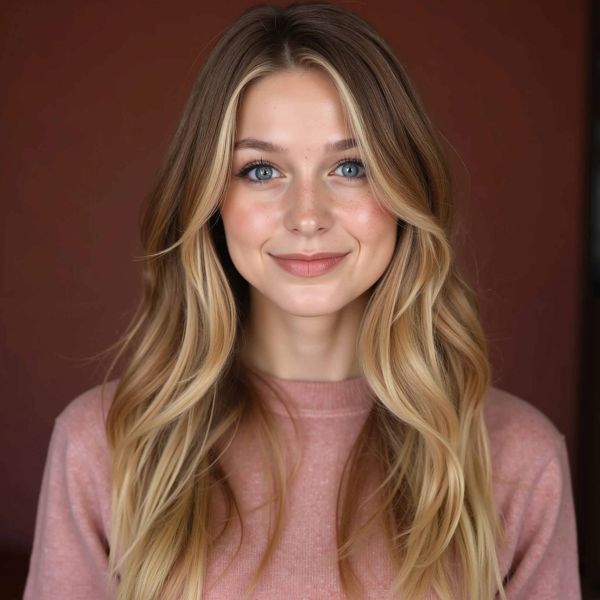 She's a beautiful young woman , I am 26 years old, a dark blonde shade , big, perfect and bright blue eyes , thin with a beautiful smile, casual wear, and long hair , blurred rose bronze background .