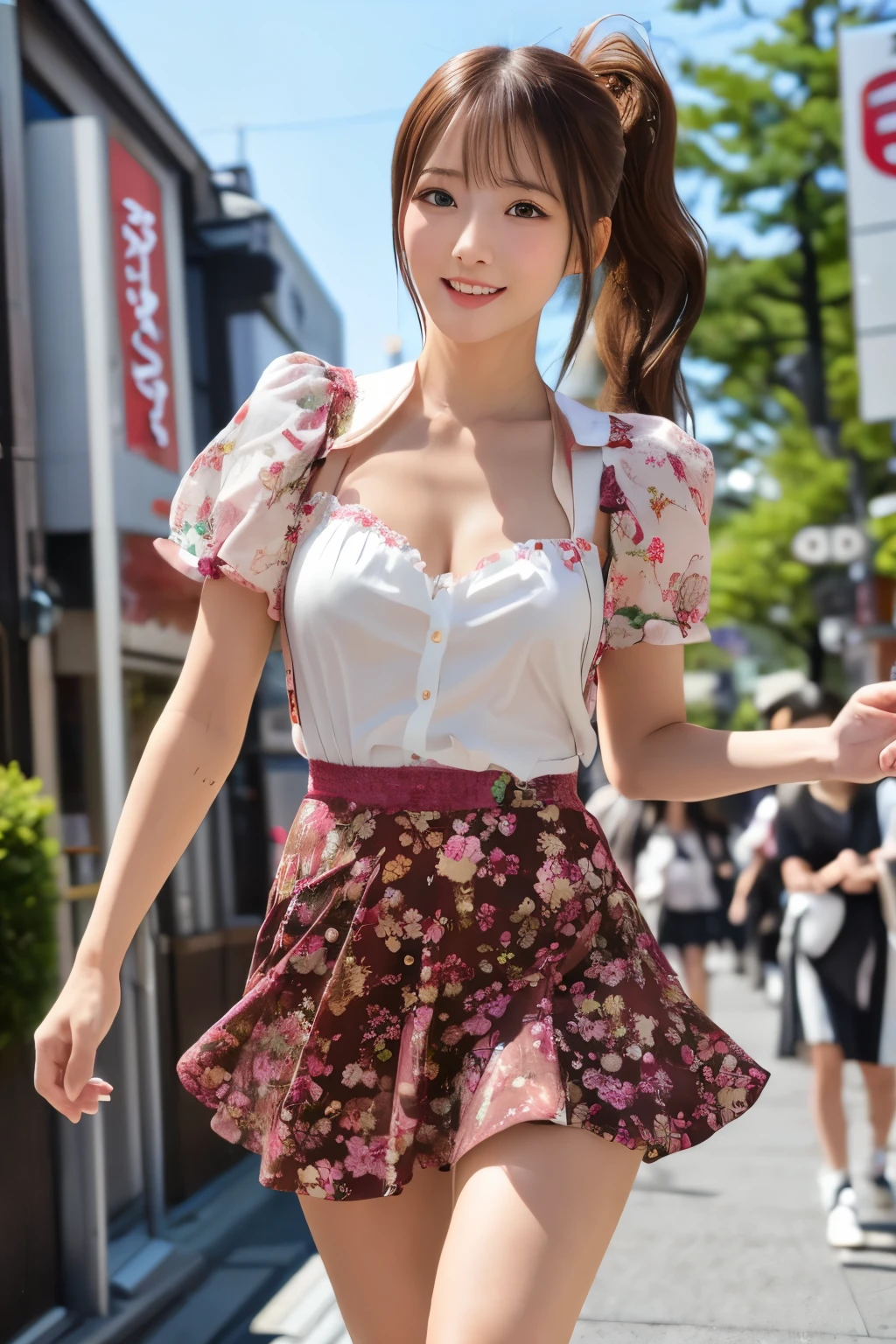 ( top quality,8k,32K, Masterpiece,Ultra High Resolution 1.2), perfect body, ponytail,( 1,5), floral dress,(My skirt is soaring in the wind 1.5),(1 .5),(Thighs are visible 1.3),Takeshita Street in Harajuku
