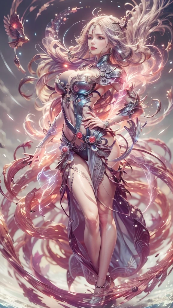 Medusa, hair composed of pink snakes, red-white eyes, ultra-detailed sea surface, skull in eye reflection, background of white stone statue of muscular man, expression of anger and hatred, symbol of the central feminine, well-structured female body, full body bow, white silk high heels