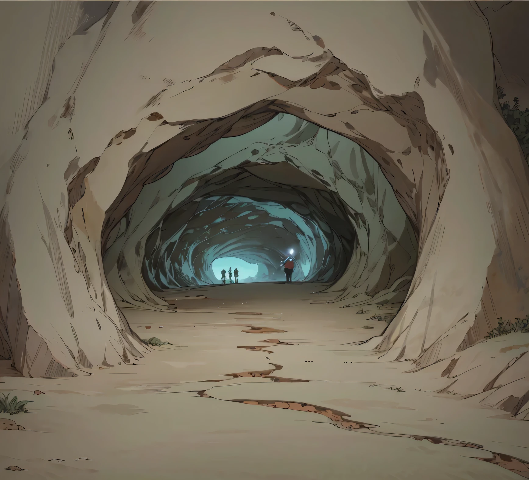 Flat animation style, simple style, Gravity Falls style landscape art, simple depictions,Deep cave, perfect cave, ((a cave deep underground surrounded by vaulted caverns)), A 10-meter-high giant cave